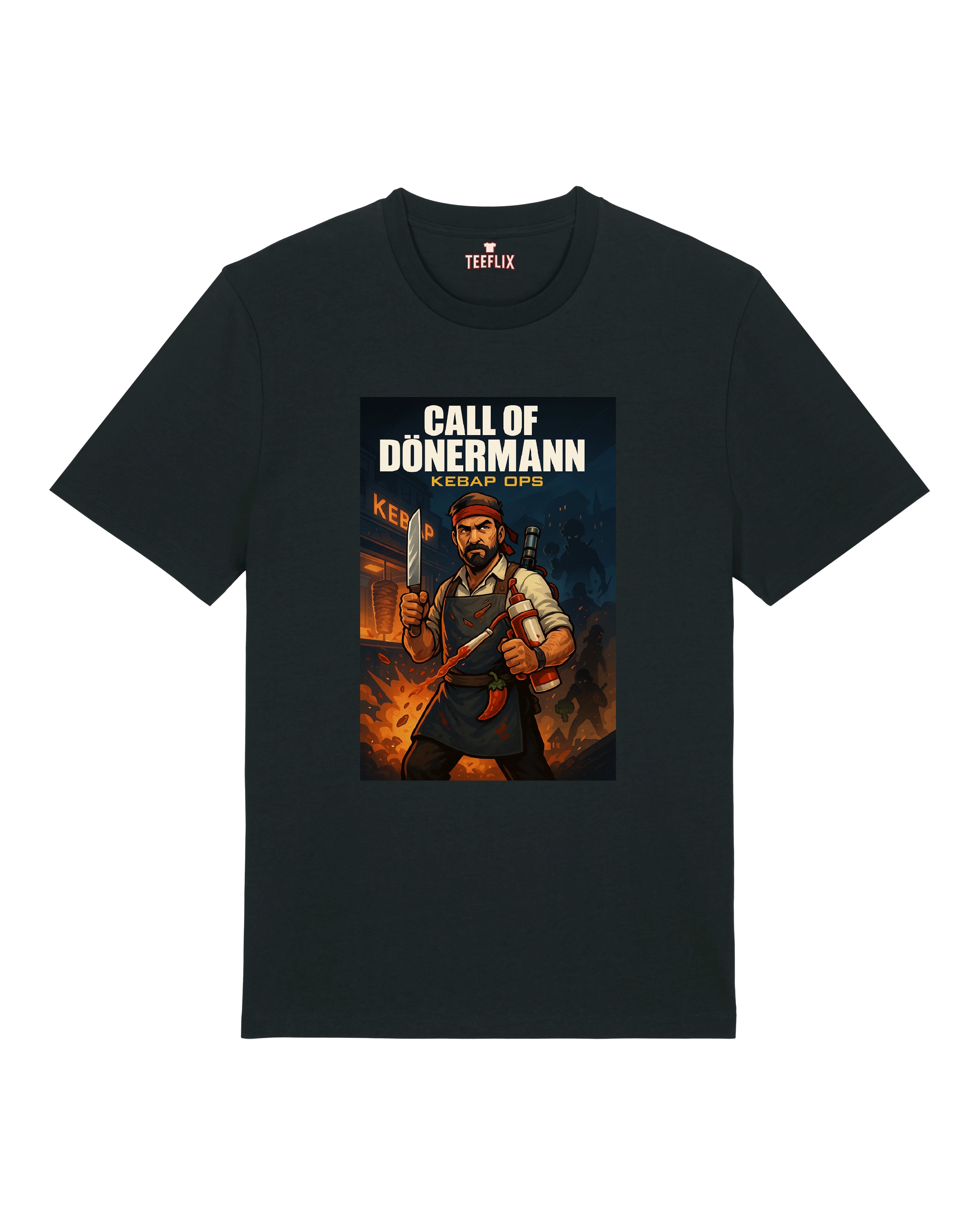 Schwarzes T-Shirt mit Comic-Motiv „Call of Dönermann – Kebap Ops“: bewaffneter Dönerverkäufer mit Soße und Messer in Action-Szene