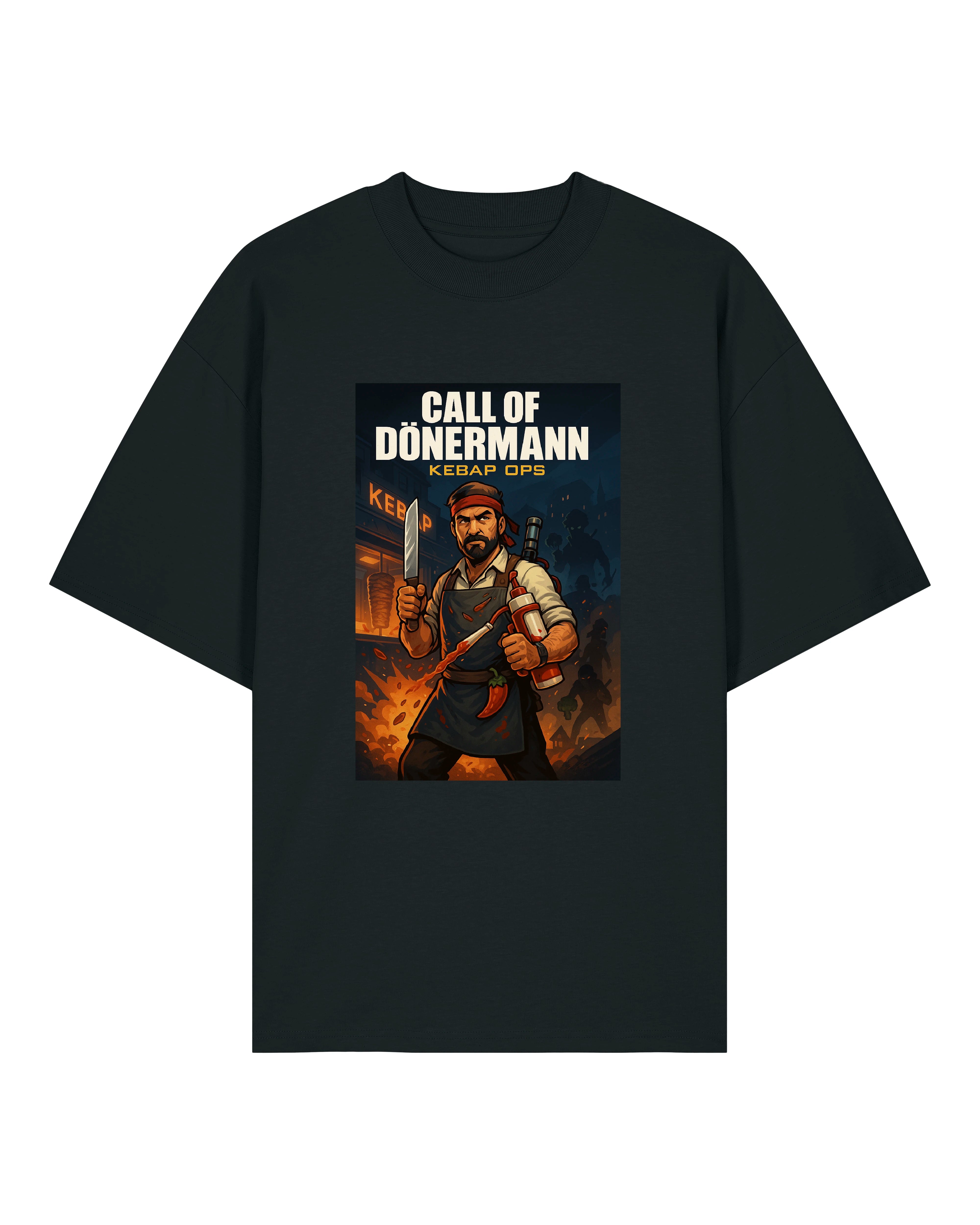Schwarzes T-Shirt mit Comic-Motiv „Call of Dönermann – Kebap Ops“: bewaffneter Dönerverkäufer mit Soße und Messer in Action-Szene