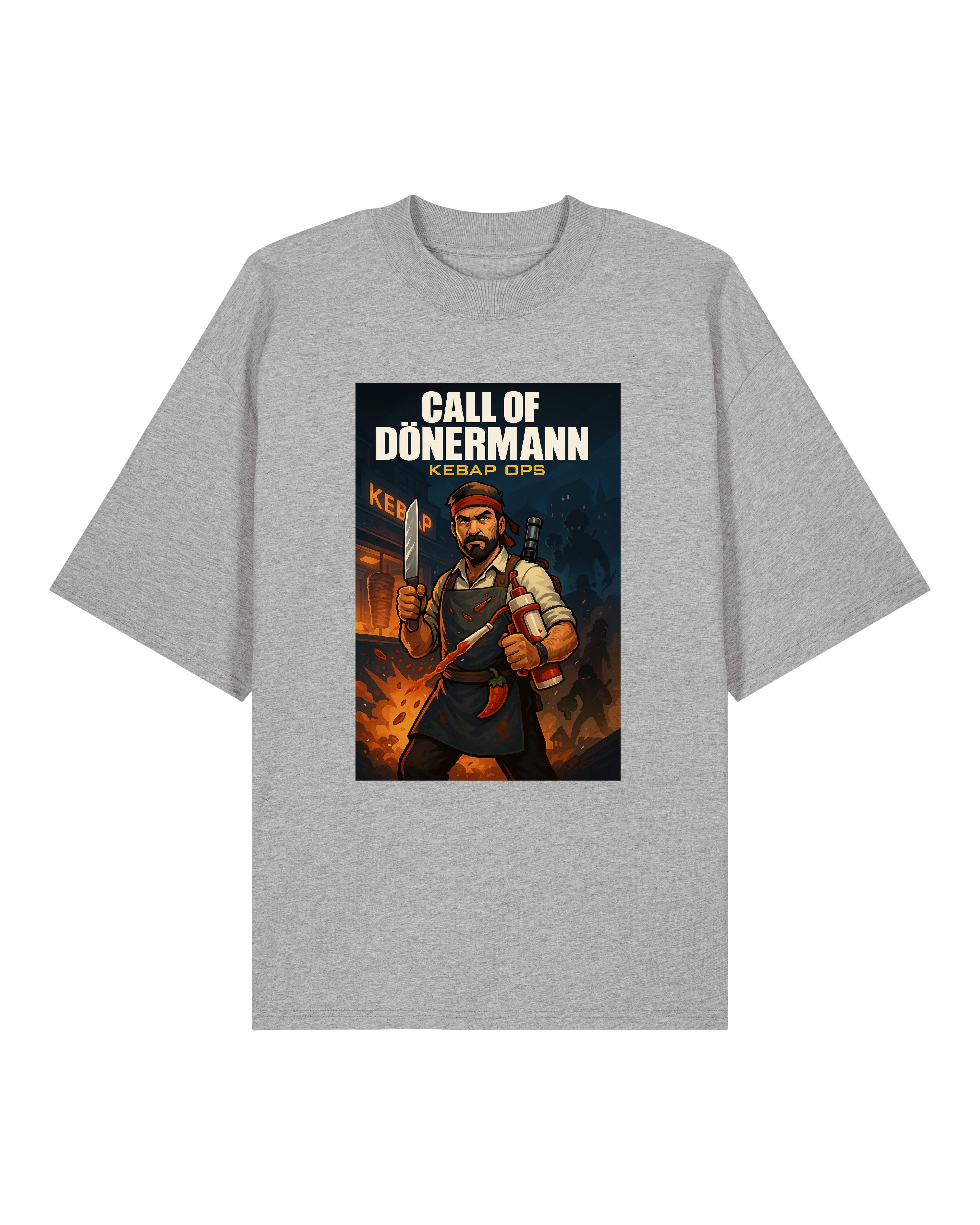 Graues Shirt mit witzigem Gaming-Print „Call of Dönermann – Kebap Ops“: stilisierte Szene mit Dönerverkäufer im Kampfmodus