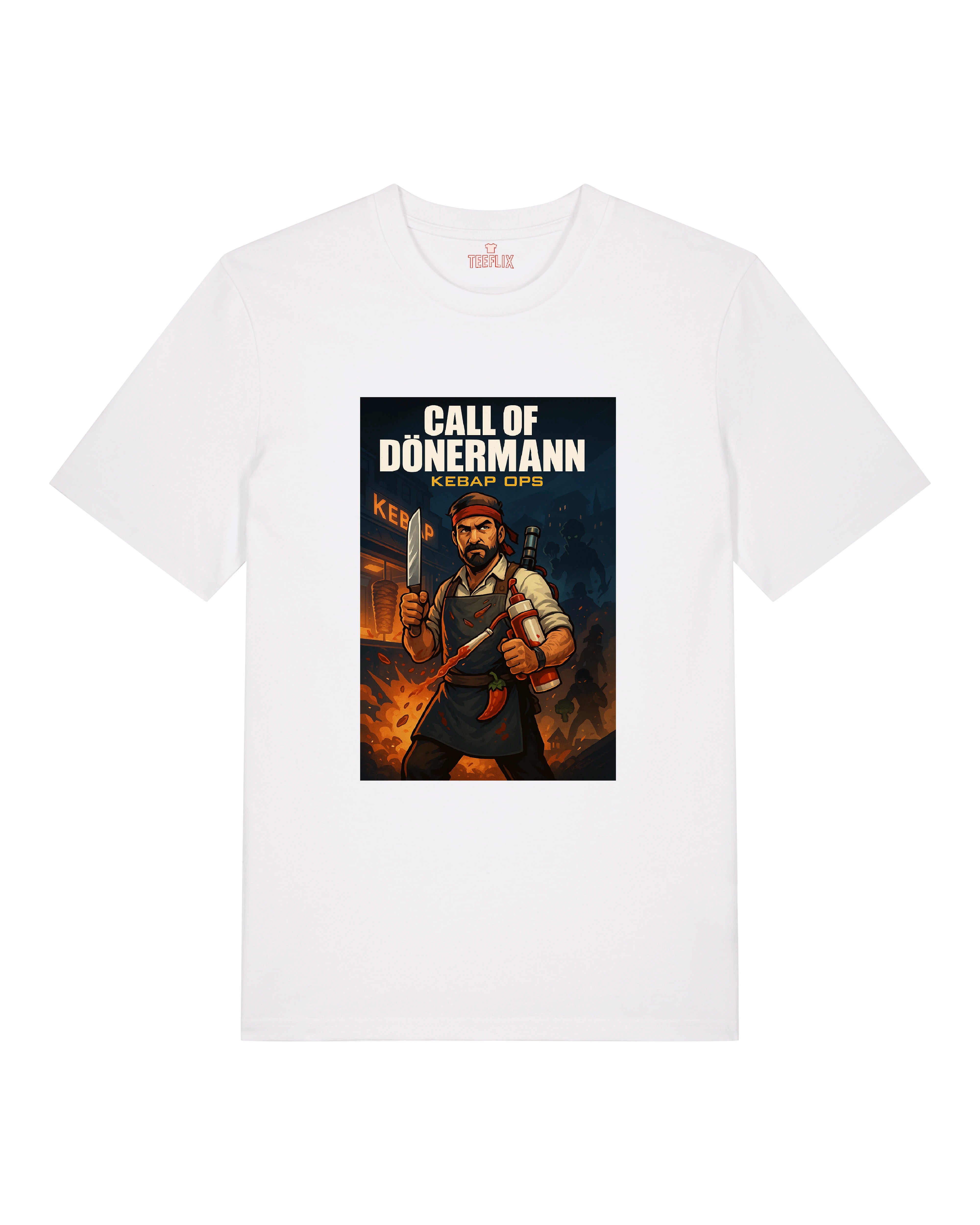 Weißes T-Shirt mit humorvollem Print „Call of Dönermann – Kebap Ops“: Comic-Design mit Dönerheld in typischer Action-Pose