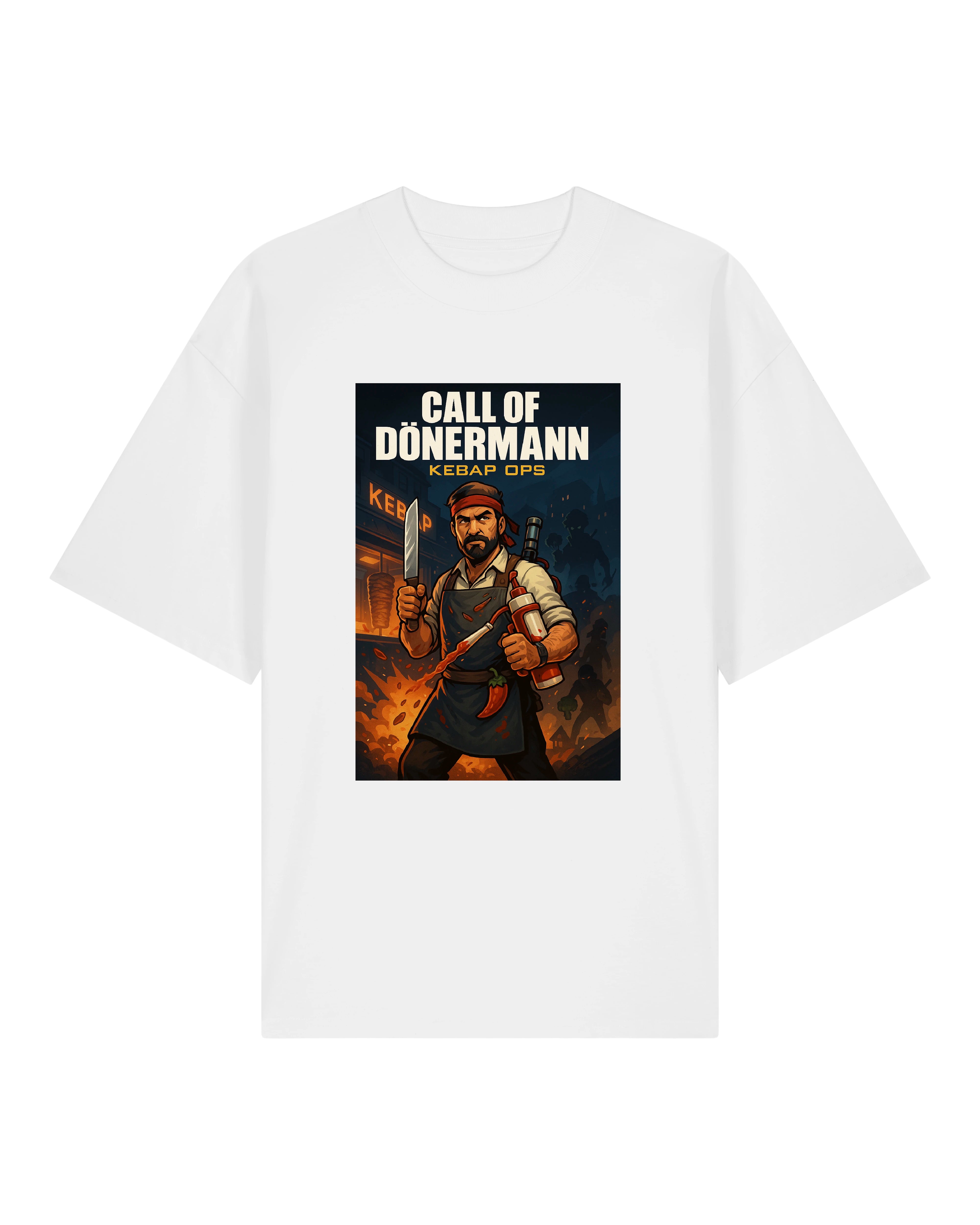 Weißes T-Shirt mit humorvollem Print „Call of Dönermann – Kebap Ops“: Comic-Design mit Dönerheld in typischer Action-Pose