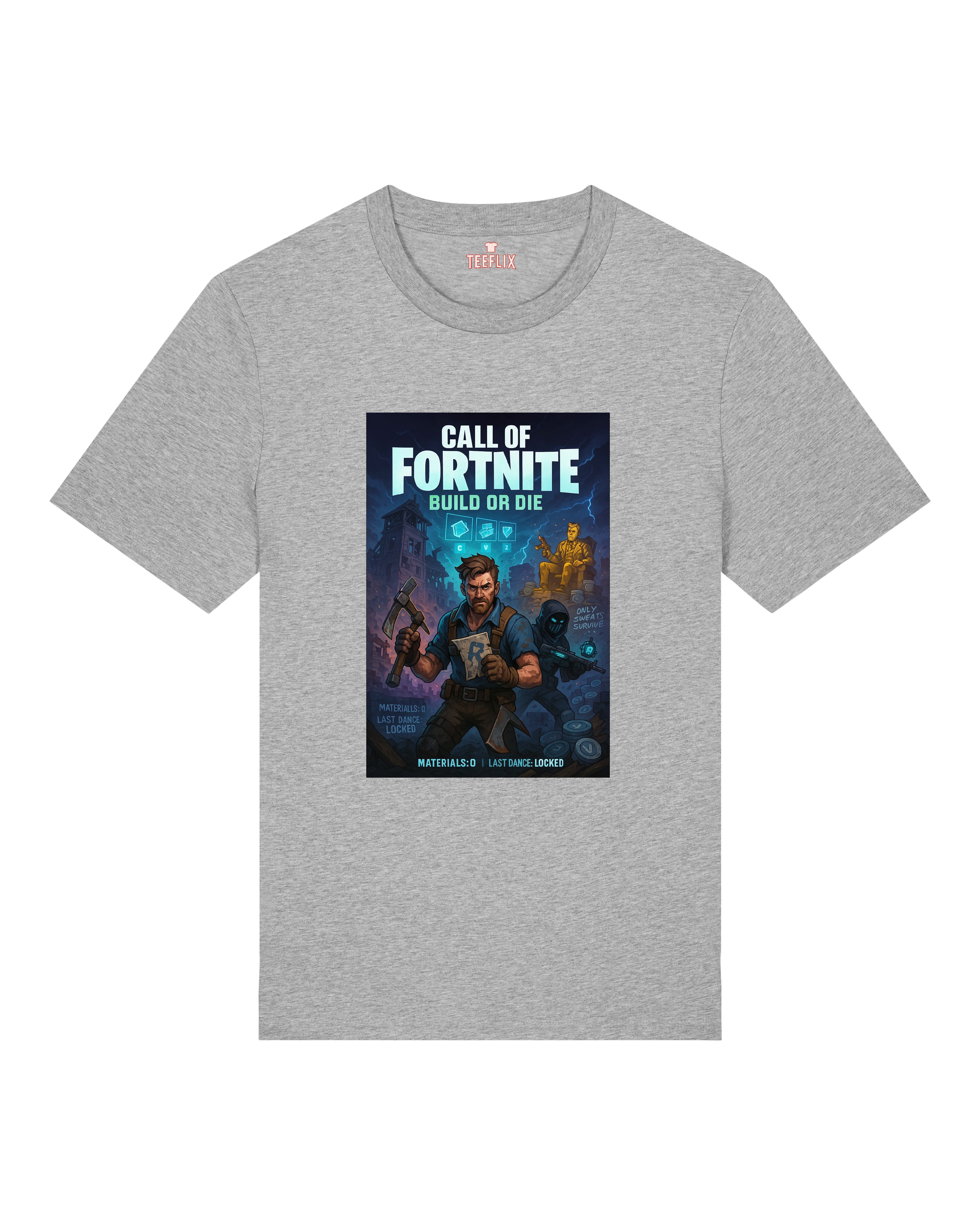 Graues Shirt mit farbigem Gaming-Artwork im Comicstil – ideal für Fans von Fortnite, Humor & Nerdkultur.