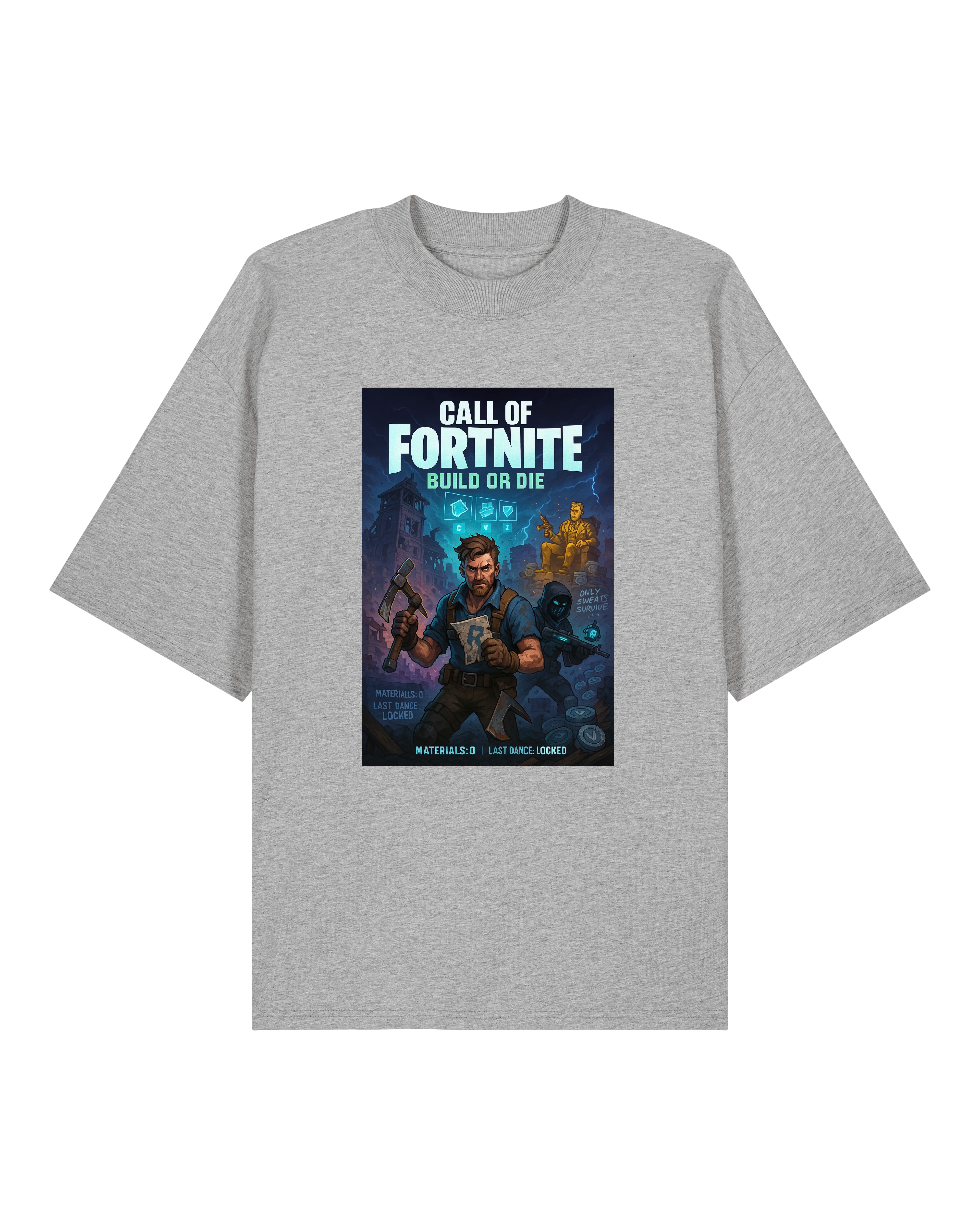 Graues Shirt mit farbigem Gaming-Artwork im Comicstil – ideal für Fans von Fortnite, Humor & Nerdkultur.