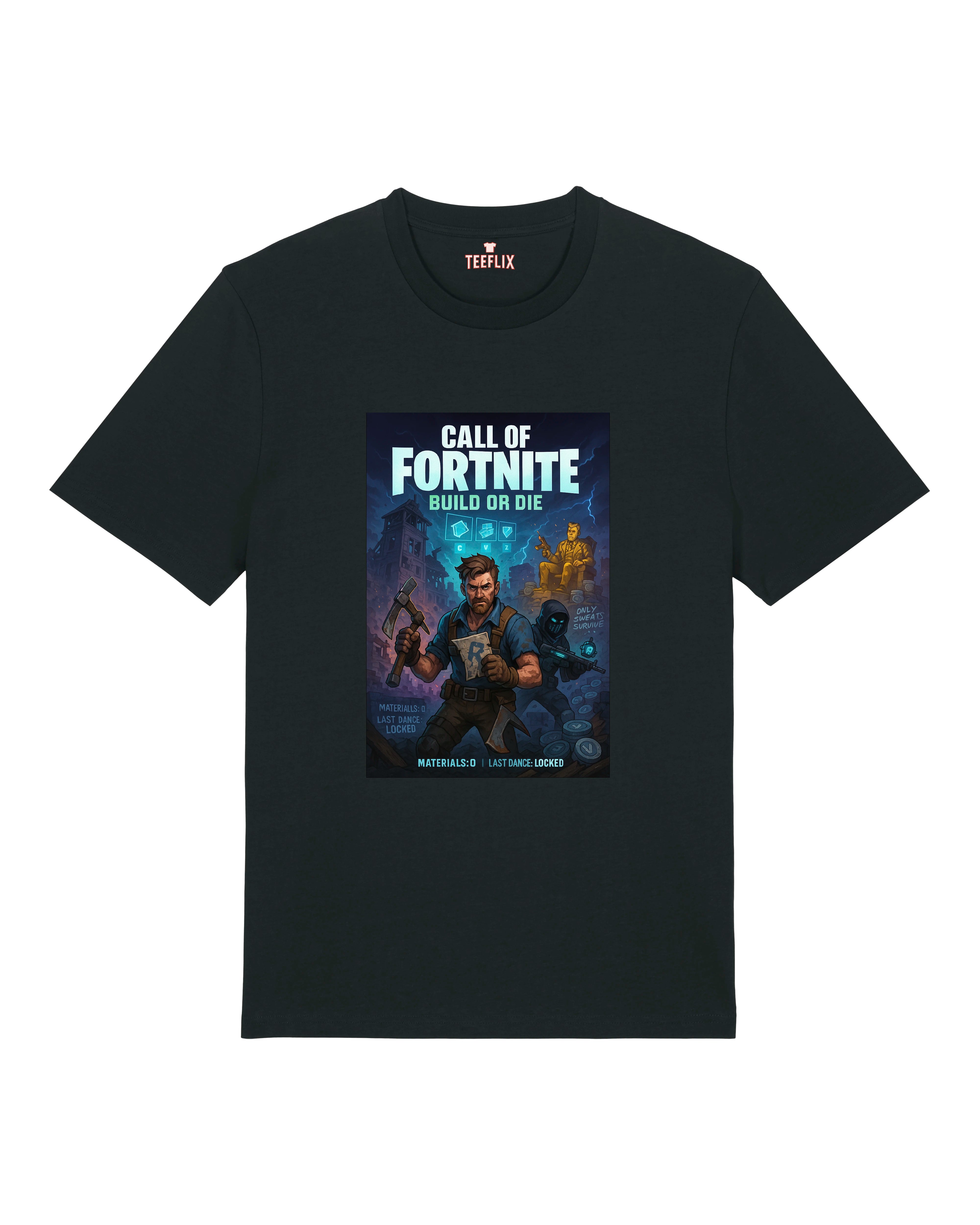 Schwarzes T-Shirt mit „Call of Fortnite – Build or Die“-Comicmotiv: Gamer mit Werkzeug und Tanzpose in dystopischer Szene.