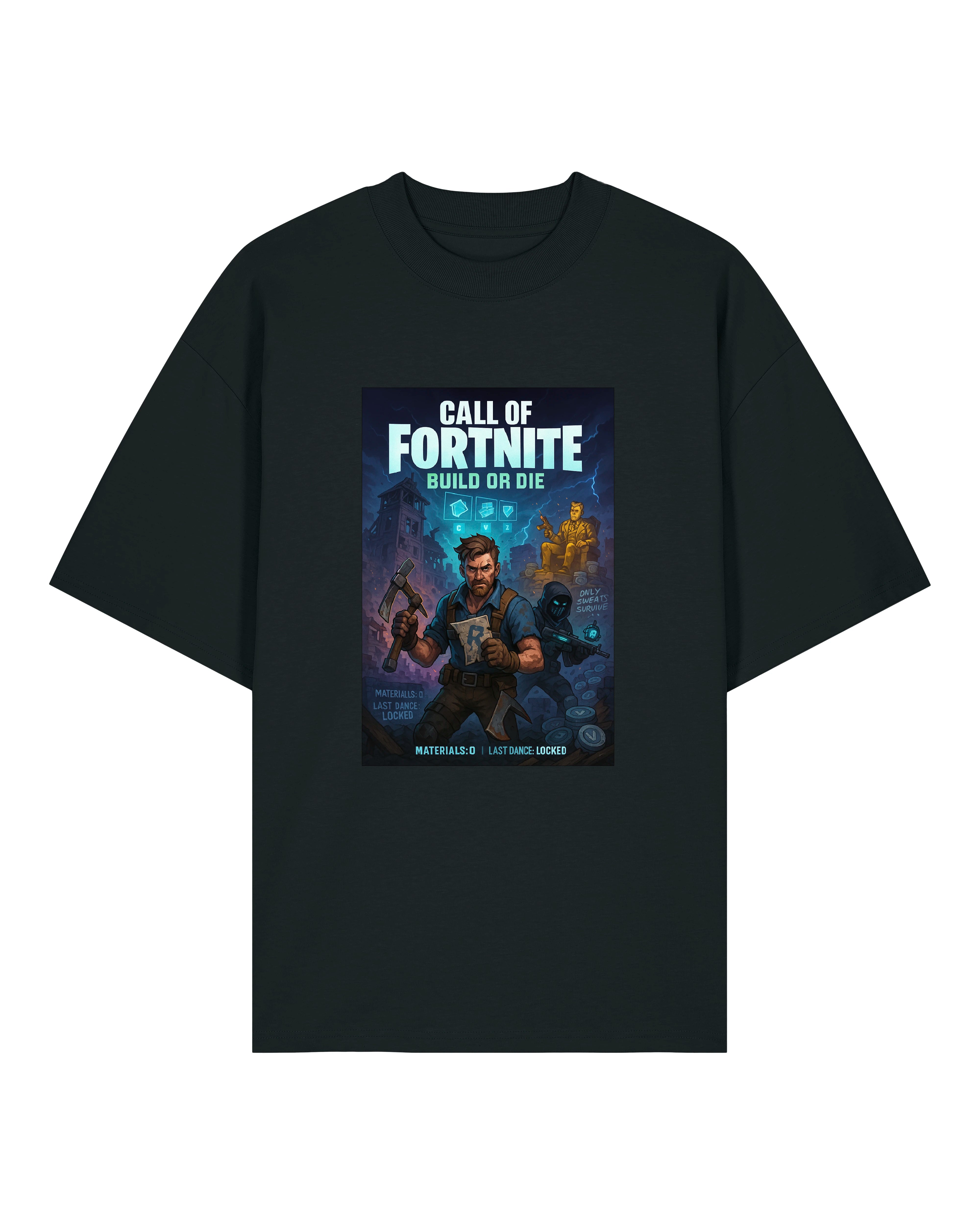 Schwarzes T-Shirt mit „Call of Fortnite – Build or Die“-Comicmotiv: Gamer mit Werkzeug und Tanzpose in dystopischer Szene.