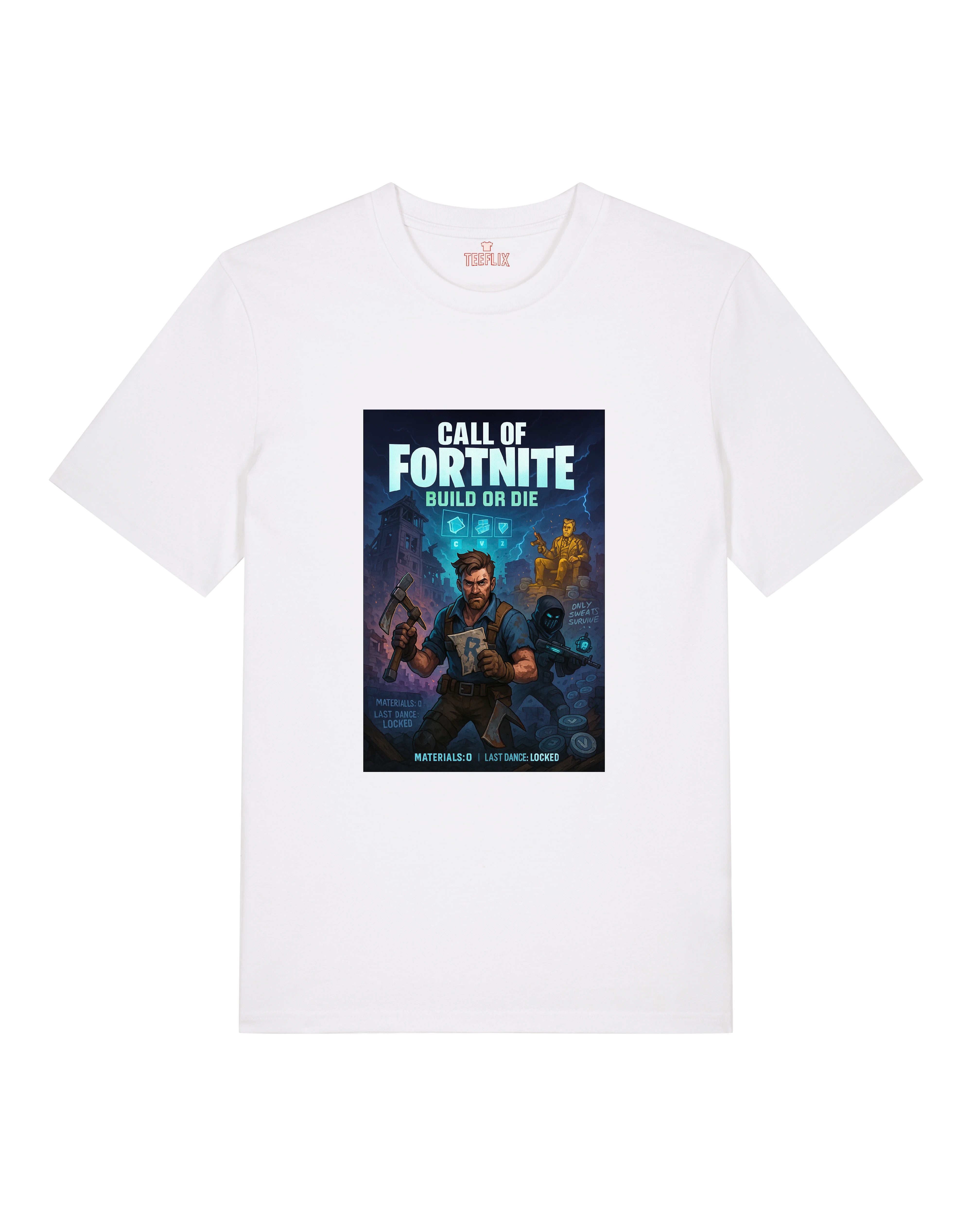 Weißes T-Shirt mit parodistischem Battle-Royale-Motiv, zeigt Spielfigur mit Spitzhacke und Bedrohung im Hintergrund.