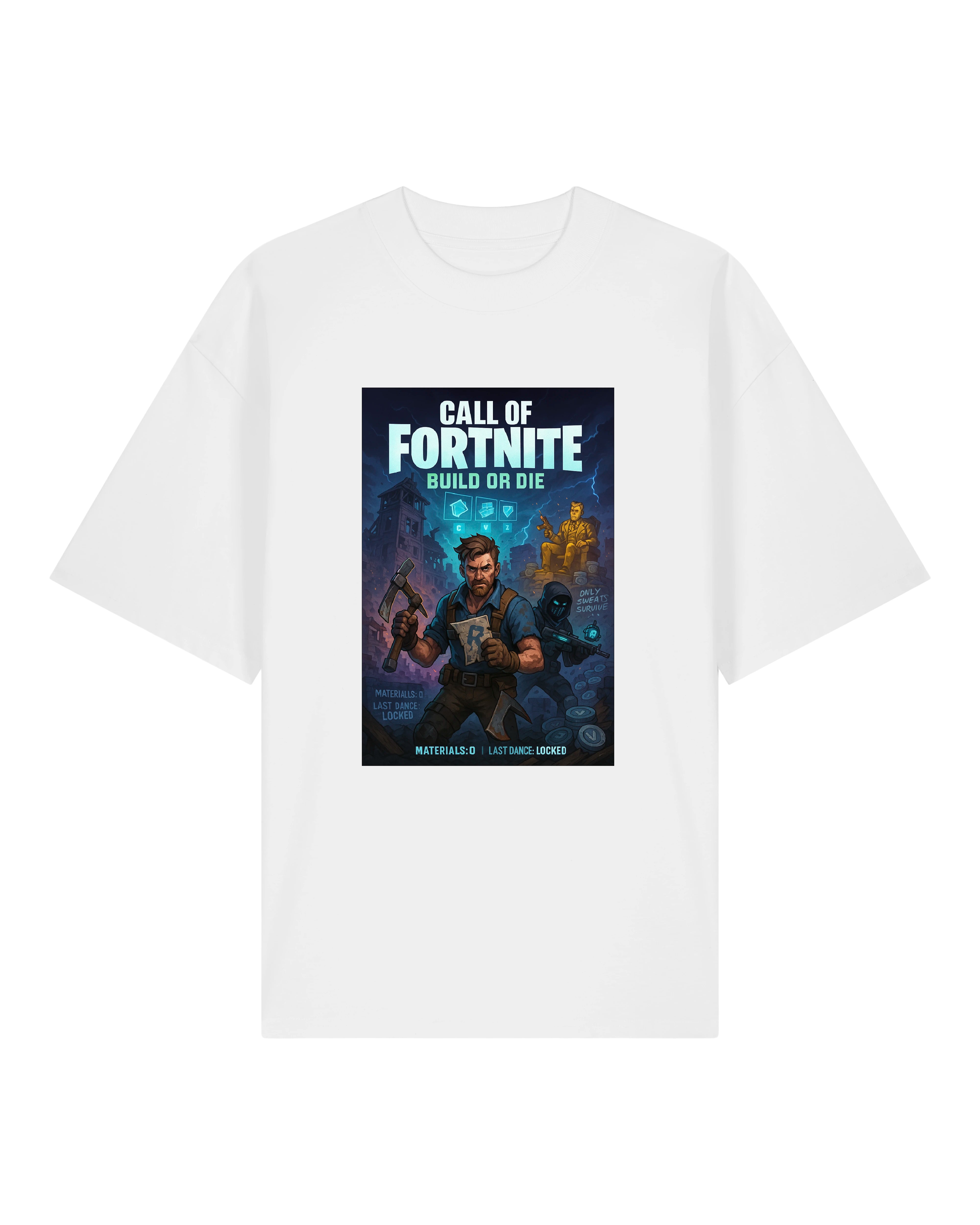 Weißes T-Shirt mit parodistischem Battle-Royale-Motiv, zeigt Spielfigur mit Spitzhacke und Bedrohung im Hintergrund.
