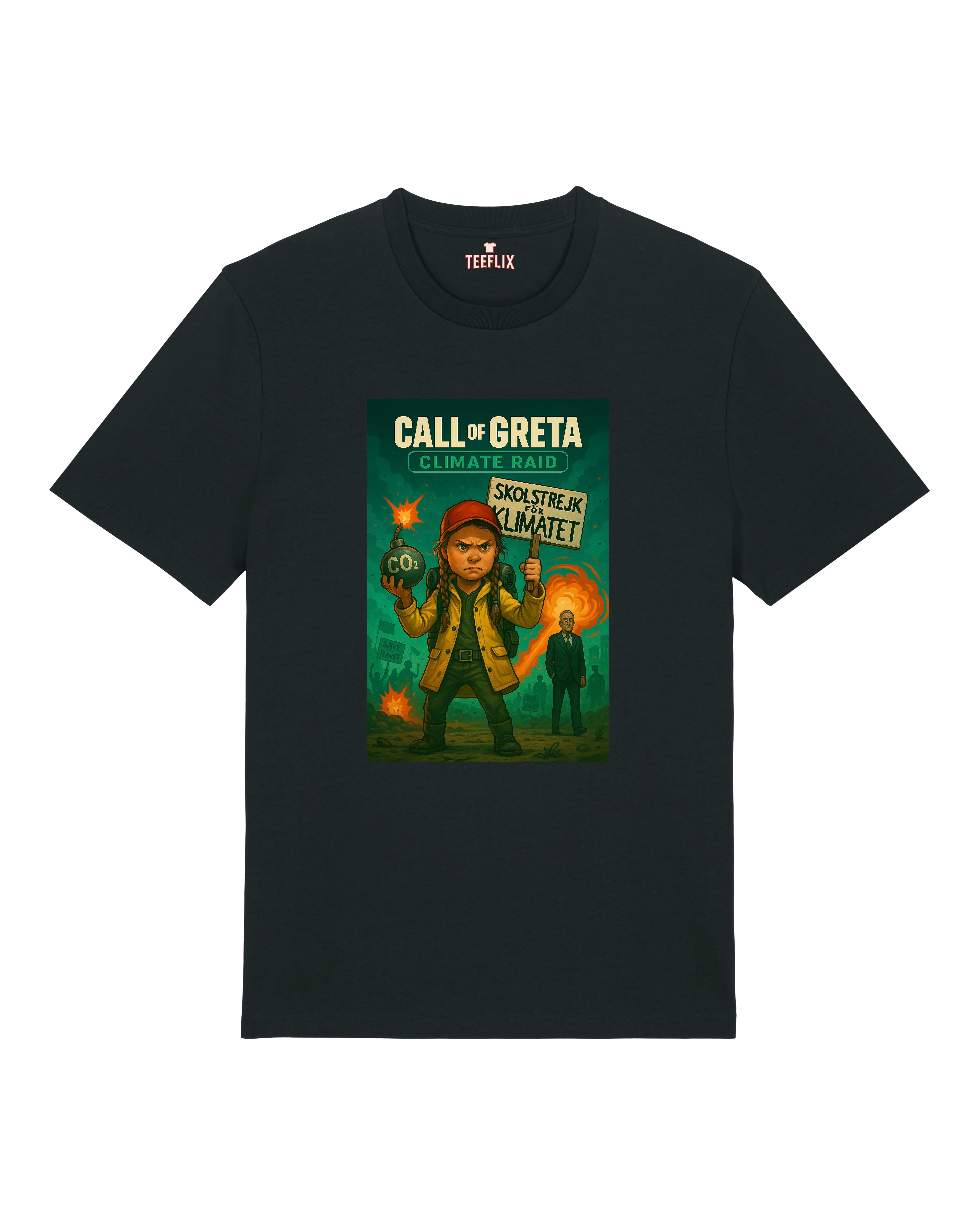 Call of Greta T-Shirt in Schwarz – Climate Raid Motiv mit Greta Thunberg