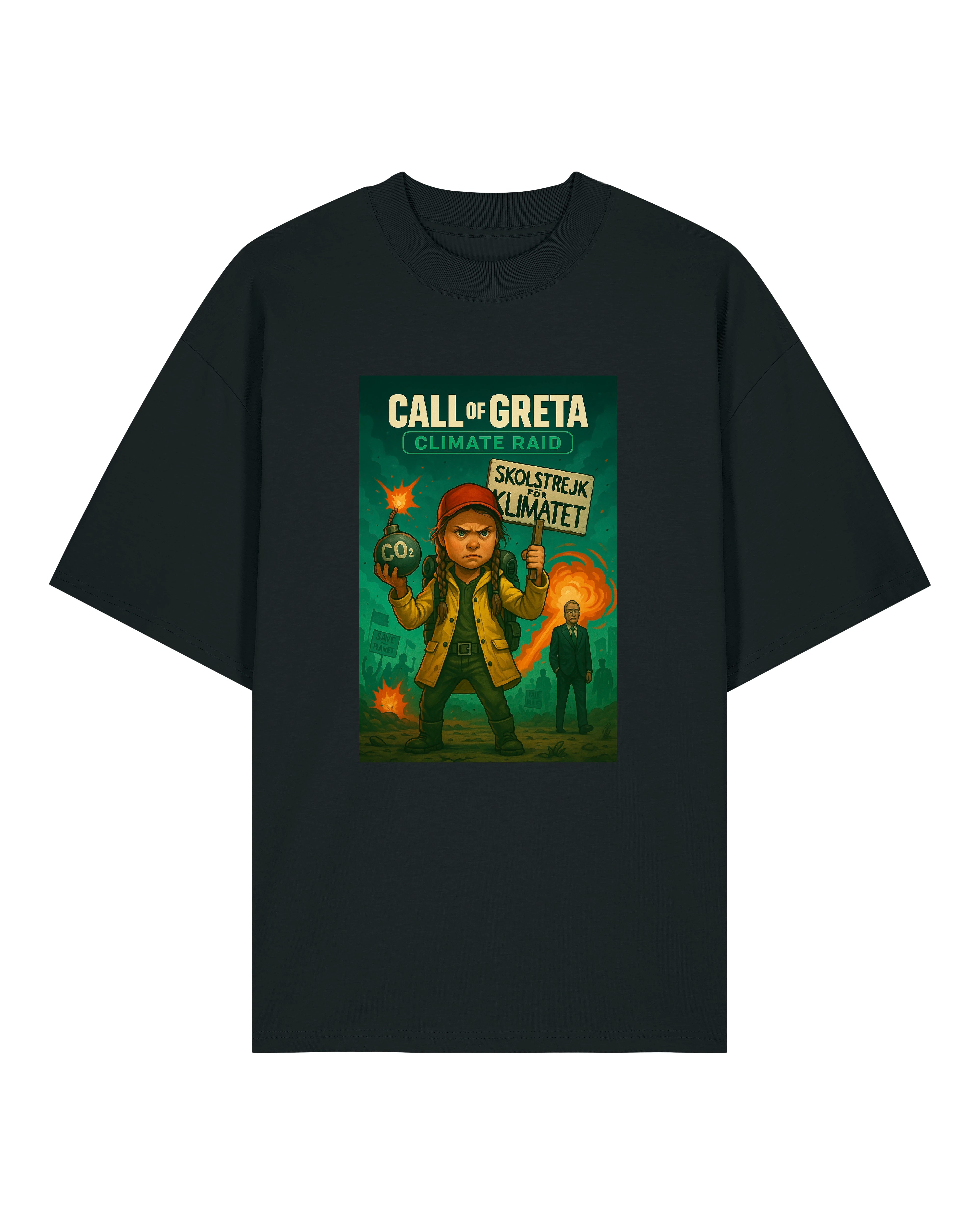 Call of Greta T-Shirt in Schwarz – Climate Raid Motiv mit Greta Thunberg