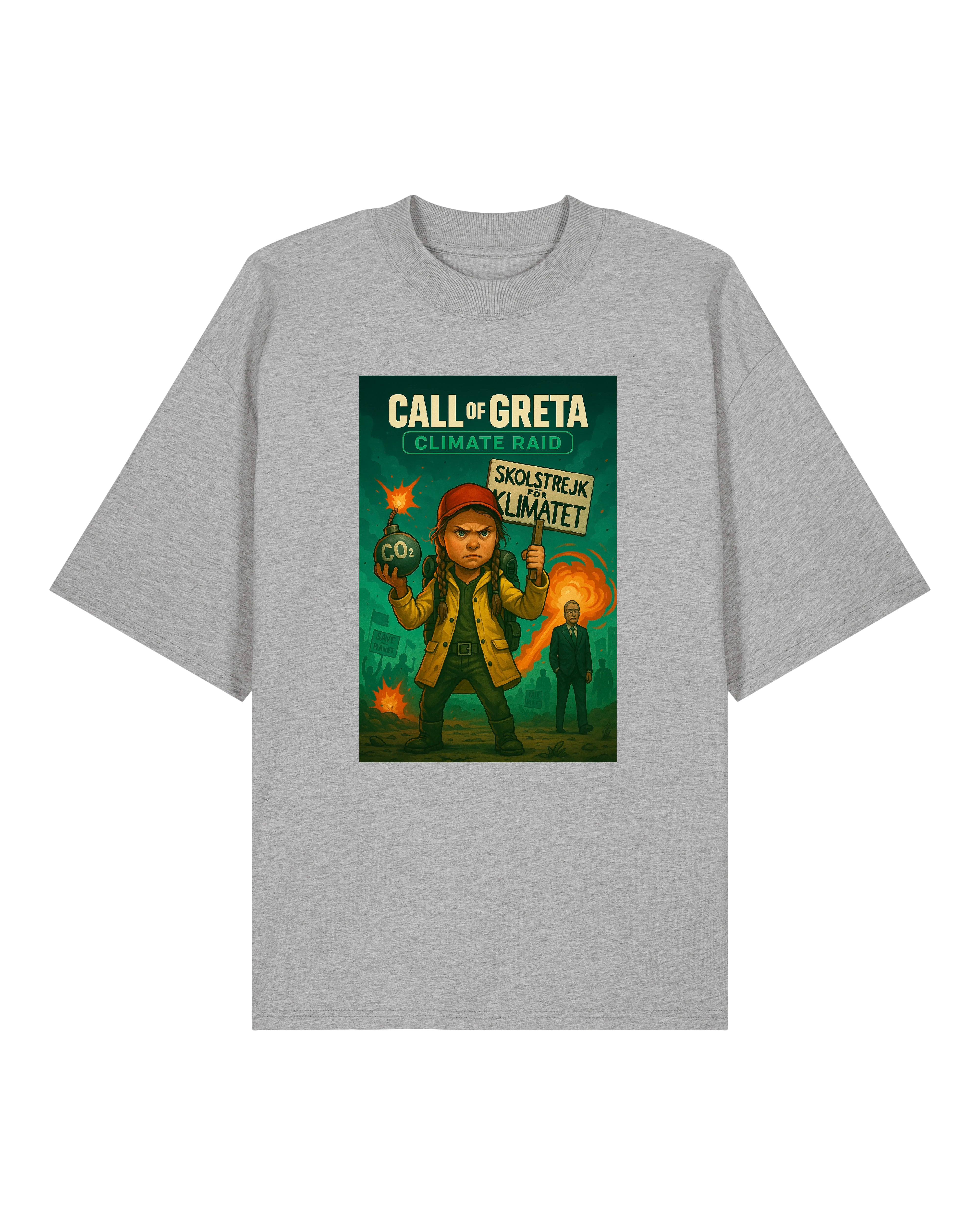 Call of Greta T-Shirt in Grau – Climate Raid Motiv mit Greta Thunberg