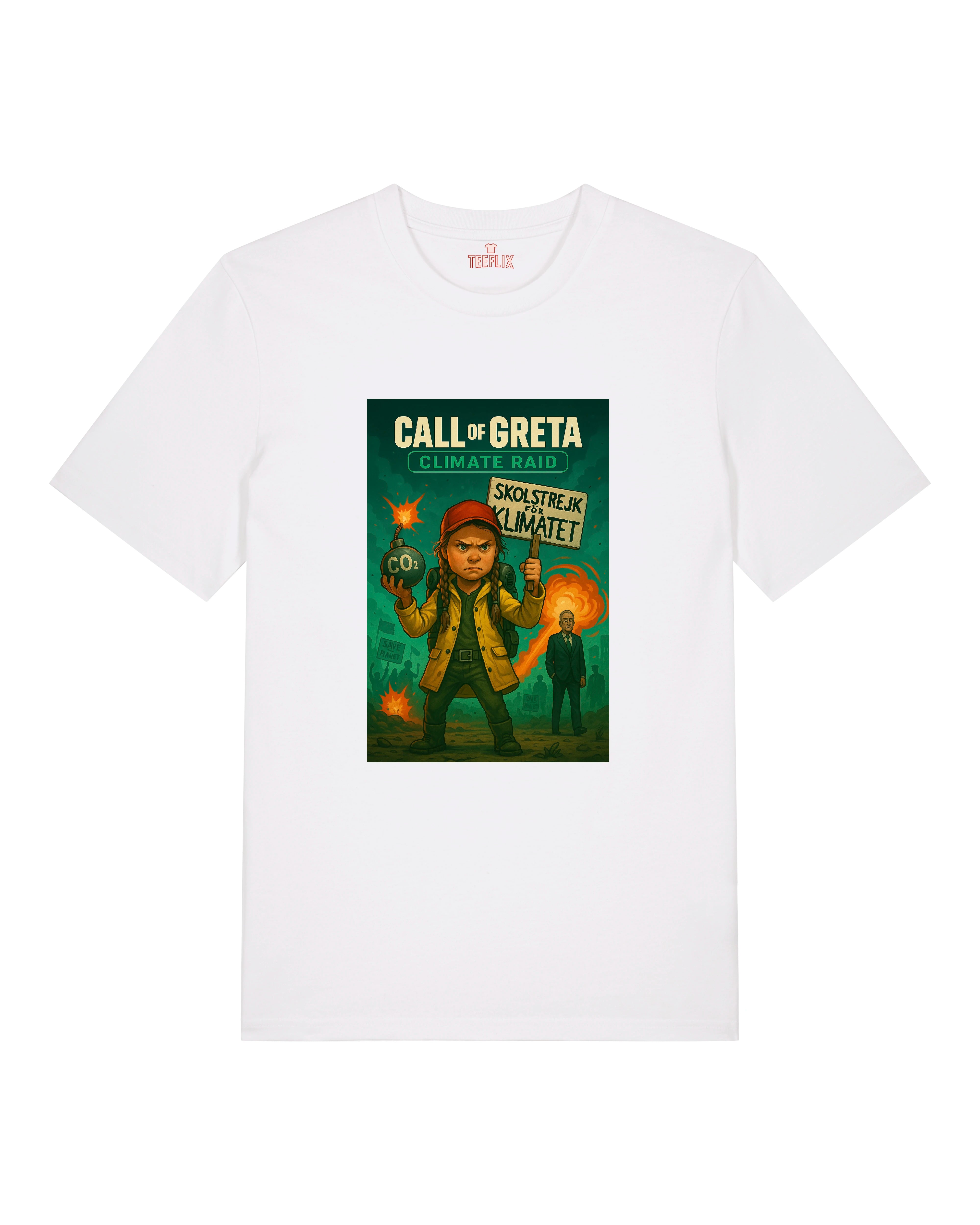 Call of Greta T-Shirt in Weiß – Climate Raid Motiv mit Greta Thunberg