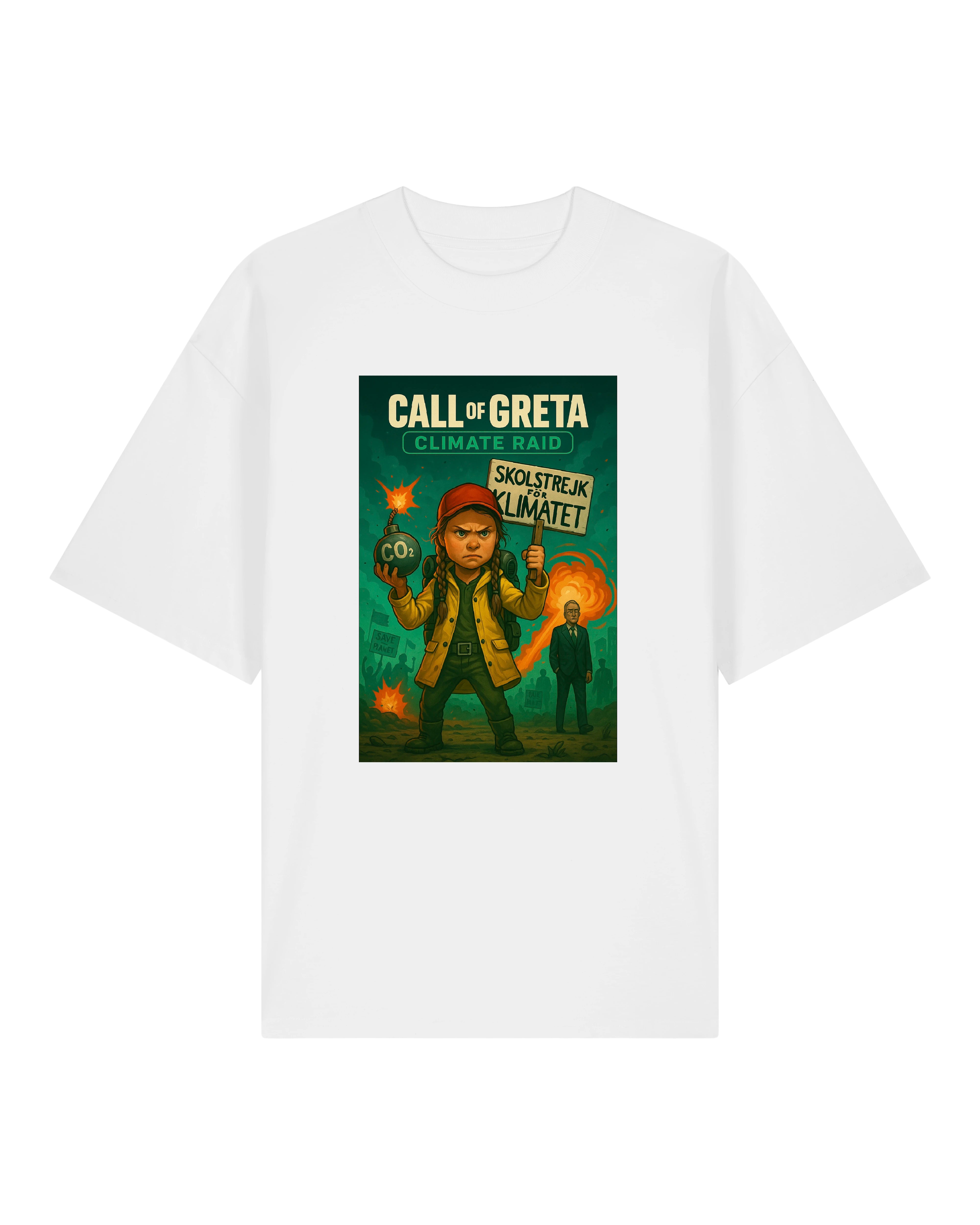 Call of Greta T-Shirt in Weiß – Climate Raid Motiv mit Greta Thunberg