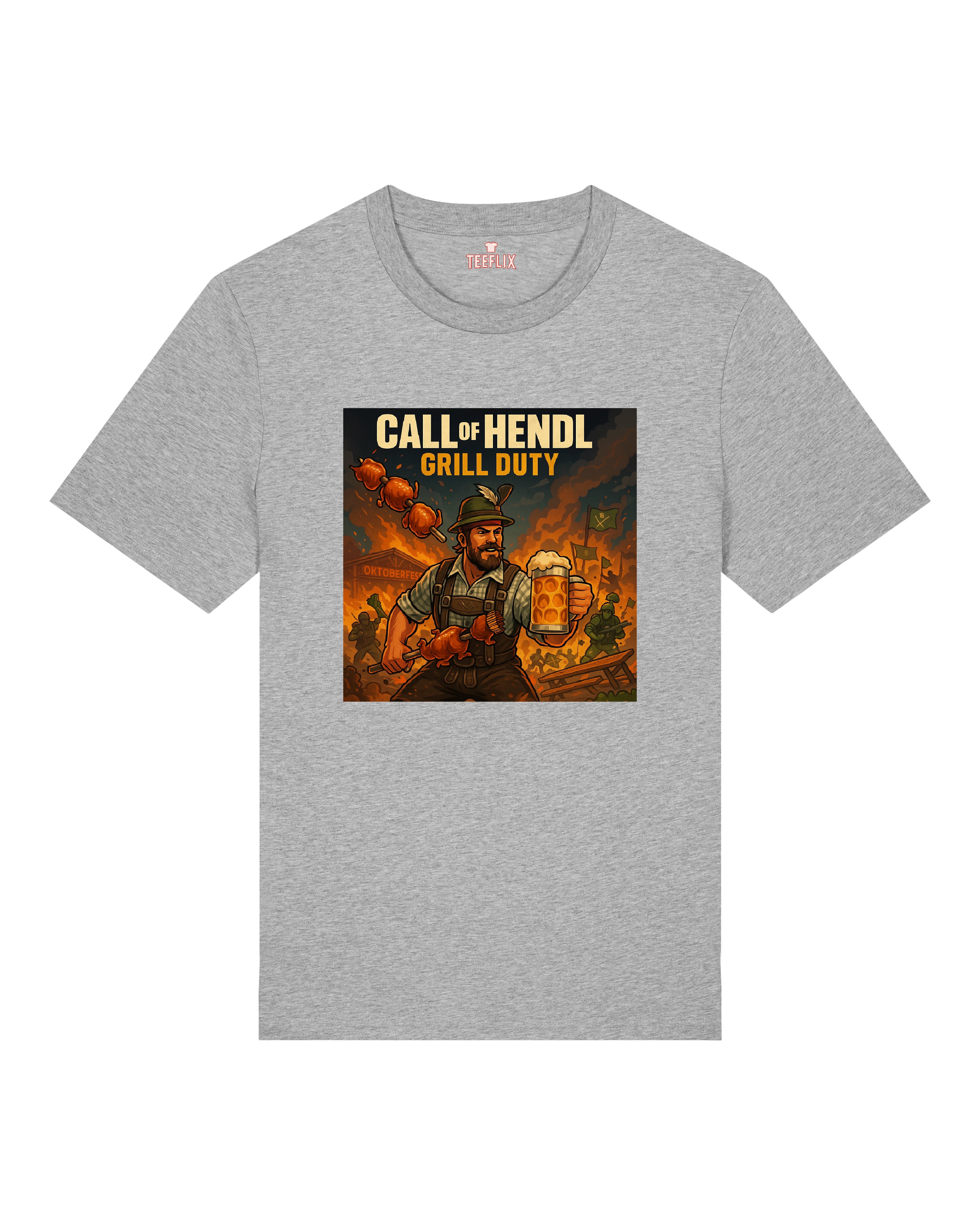 Graues T-Shirt mit Comic-Motiv eines bayerischen Grillmeisters mit Maßkrug und Hendlspieß, Oktoberfest-Stil.