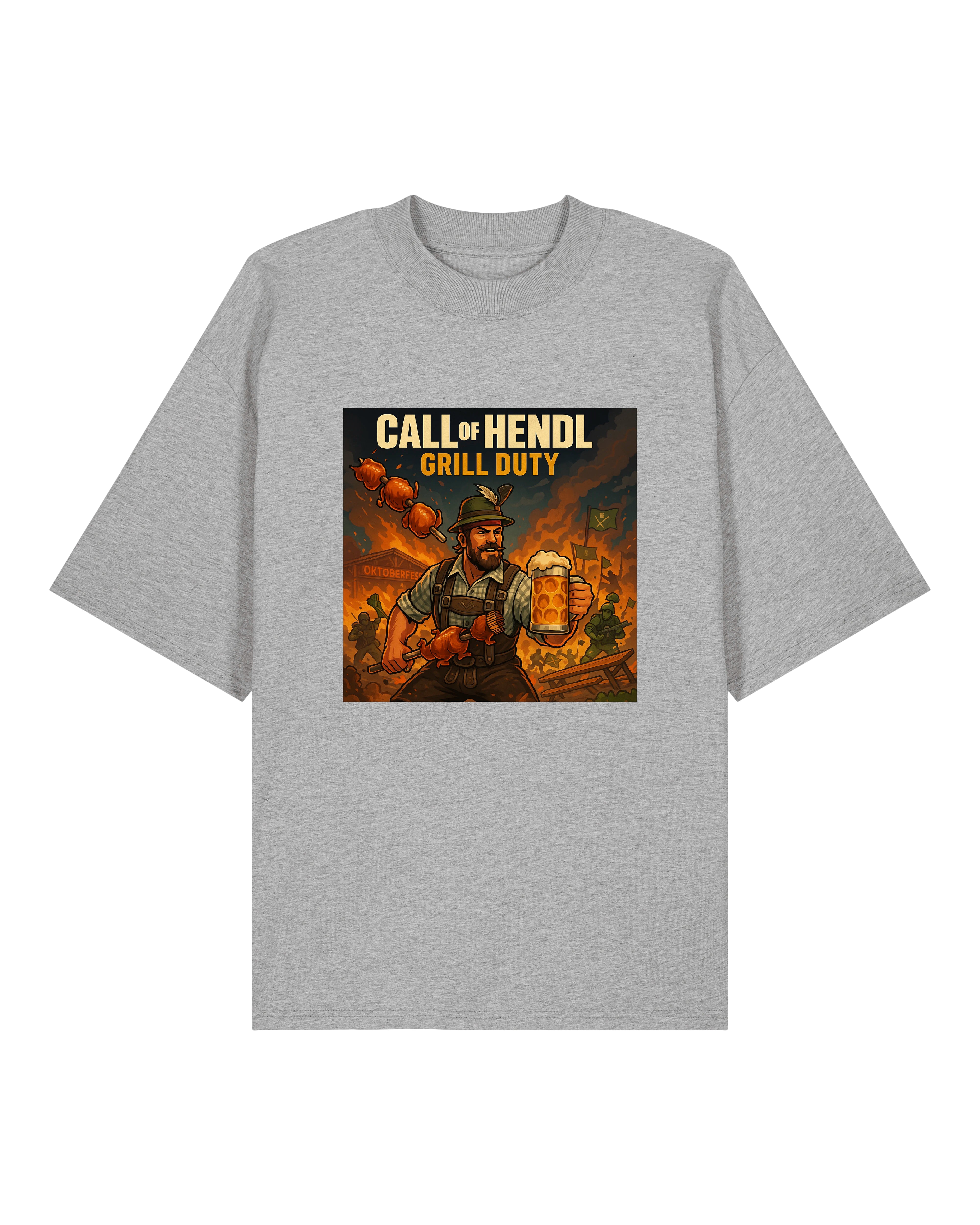 Graues T-Shirt mit Comic-Motiv eines bayerischen Grillmeisters mit Maßkrug und Hendlspieß, Oktoberfest-Stil.