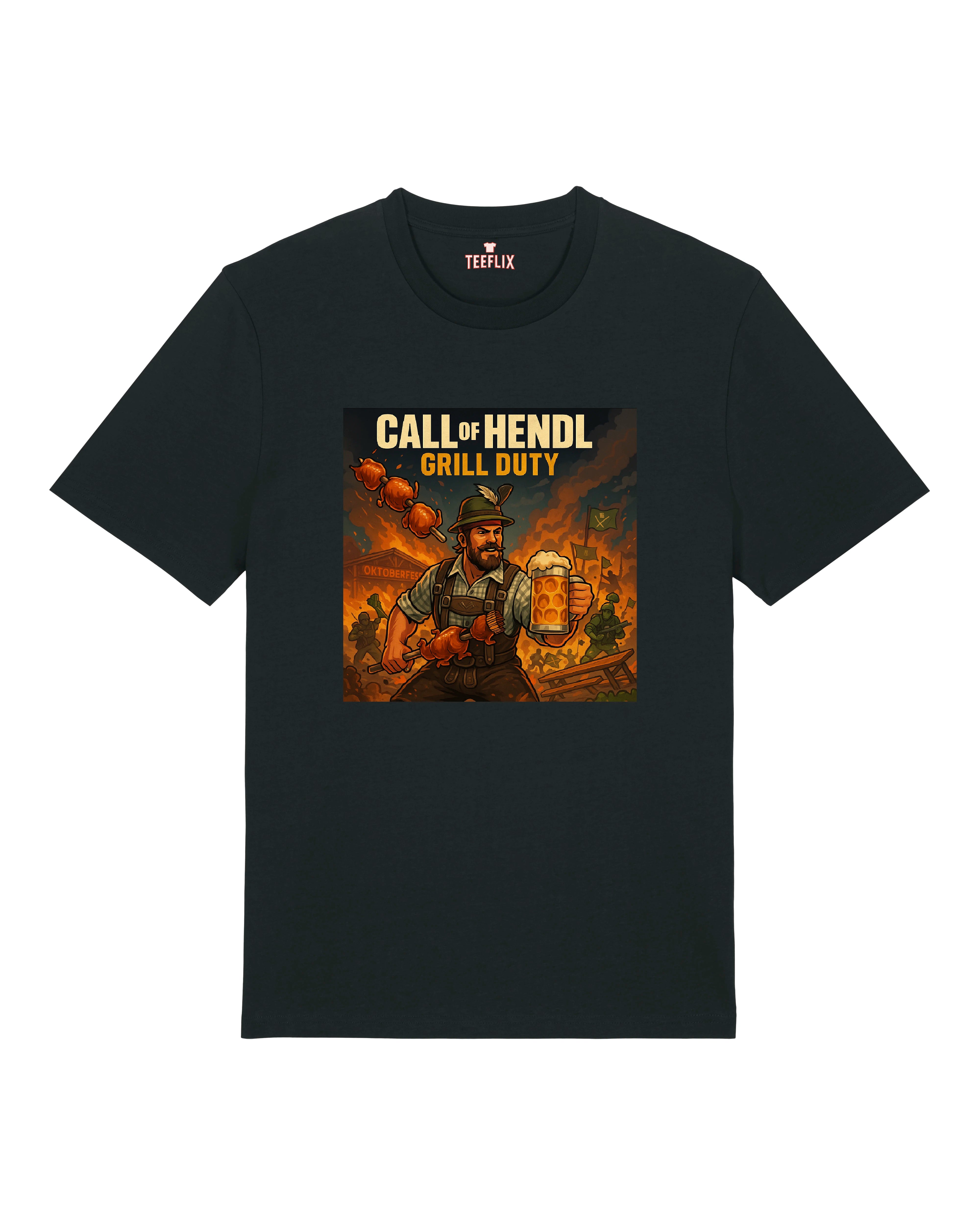 Schwarzes T-Shirt mit lustigem „Call of Hendl – Grill Duty“-Design, im Gaming-Poster-Stil, getragen auf neutralem Hintergrund.