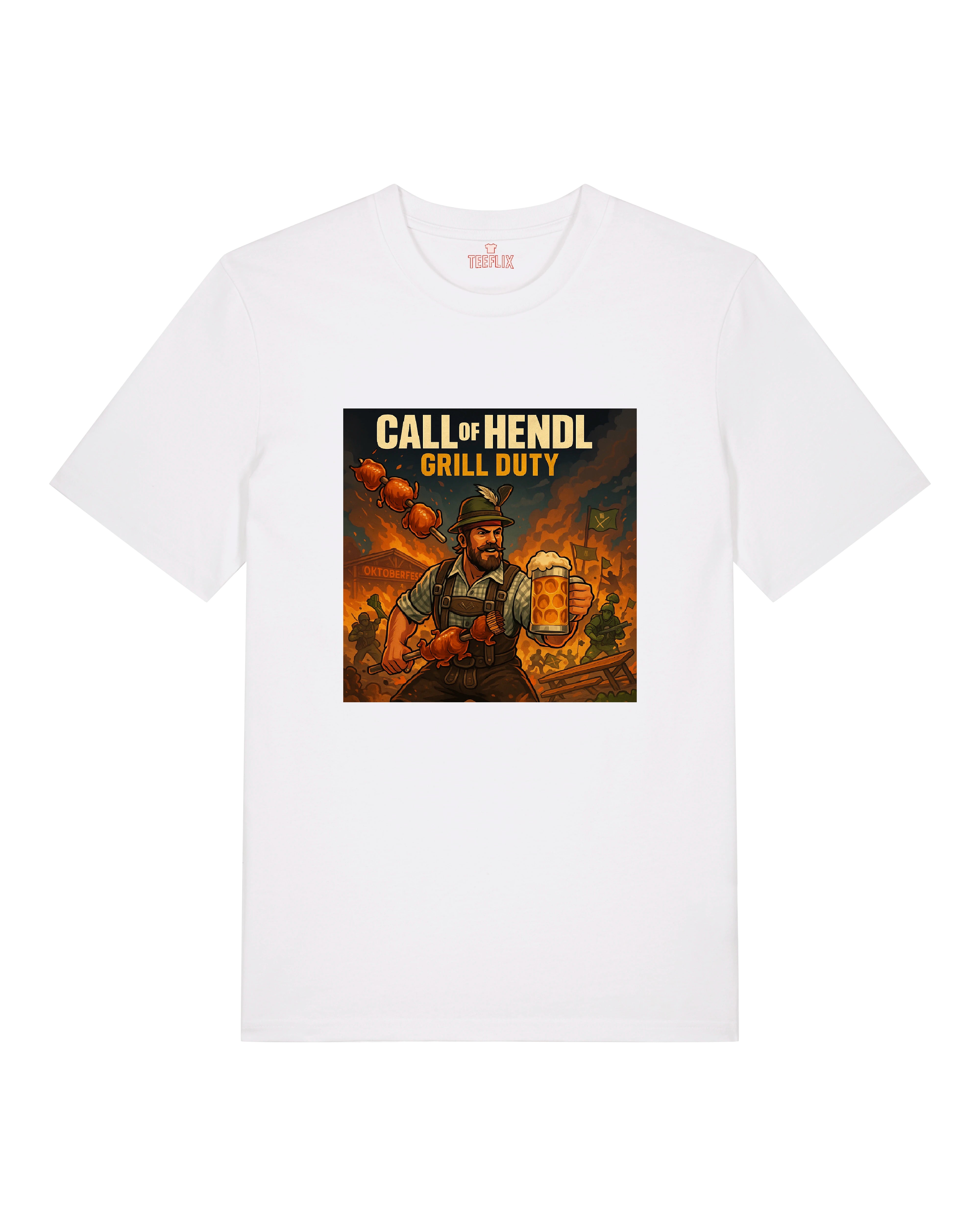 Weißes Oversized T-Shirt mit witzigem bayerischem Print „Grill Duty“, perfekt für Grillfeste und Bierliebhaber.