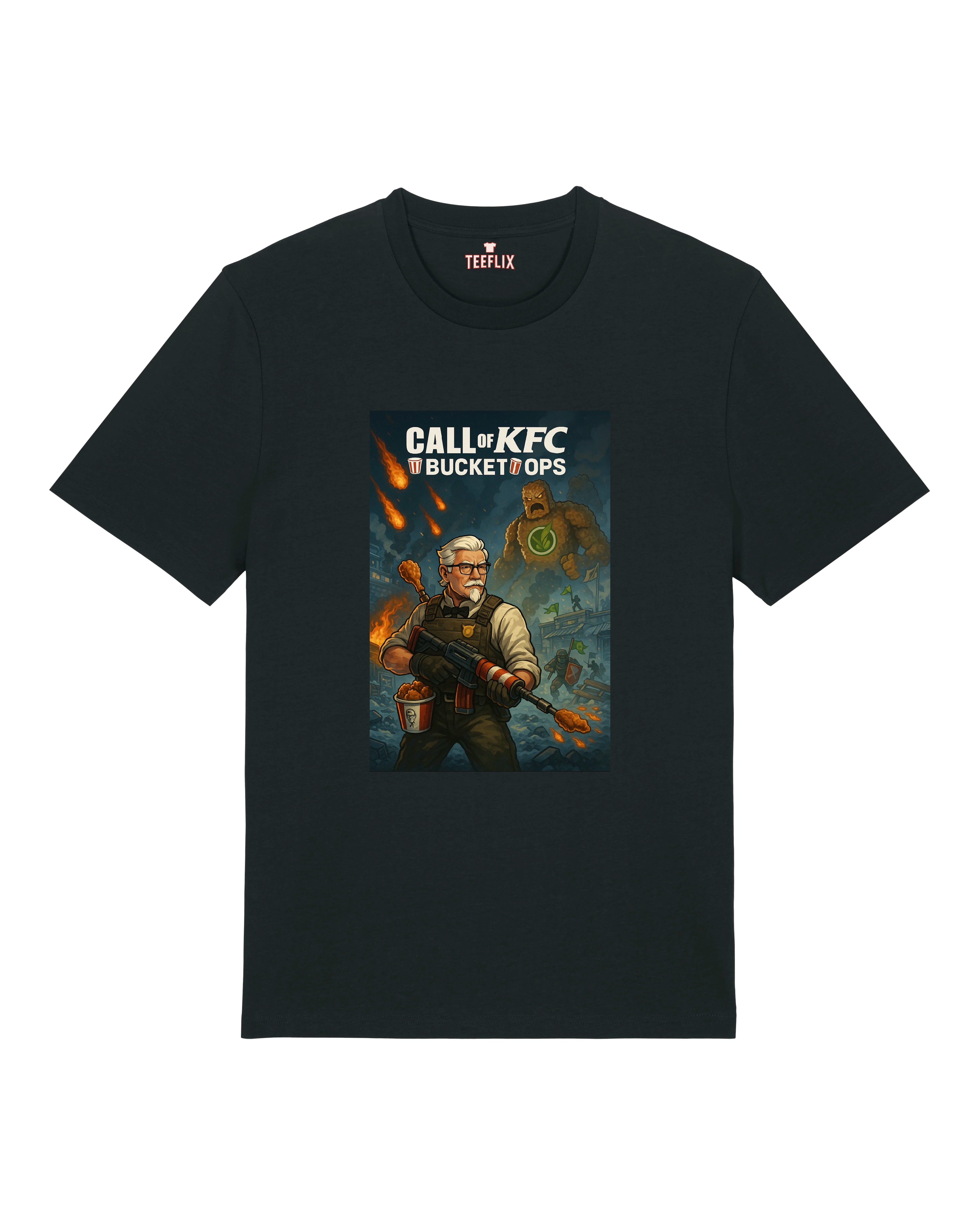 Schwarzes T-Shirt mit Comic-Motiv „Call of KFC – Bucket Ops“, zeigt Colonel mit Hähncheneimer und Grill-Lanze im Kriegsgebiet.