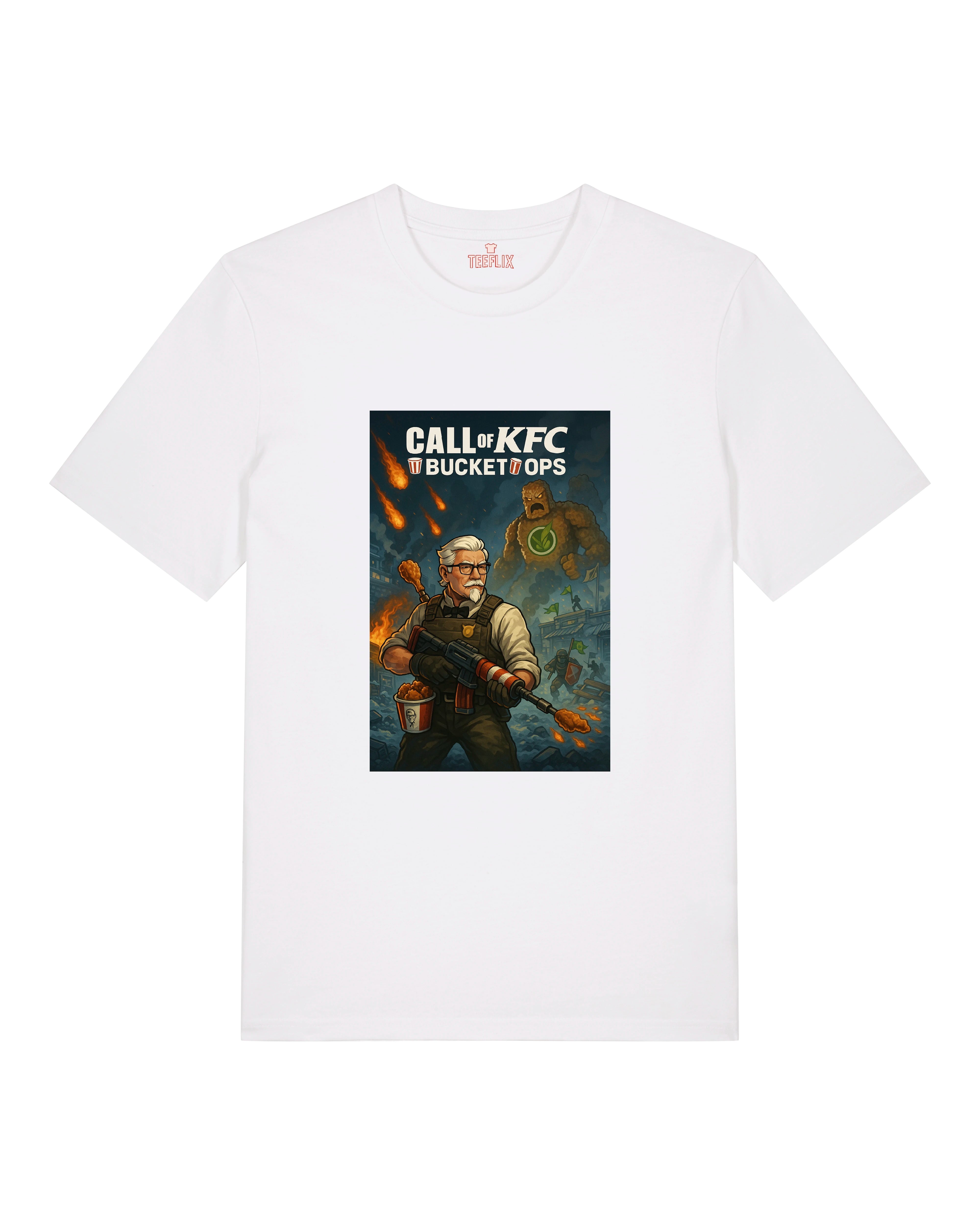 Weißes T-Shirt mit satirischem Print: frittierte Missionen und explosionsreiche Szene, inspiriert von Gaming-Covern.