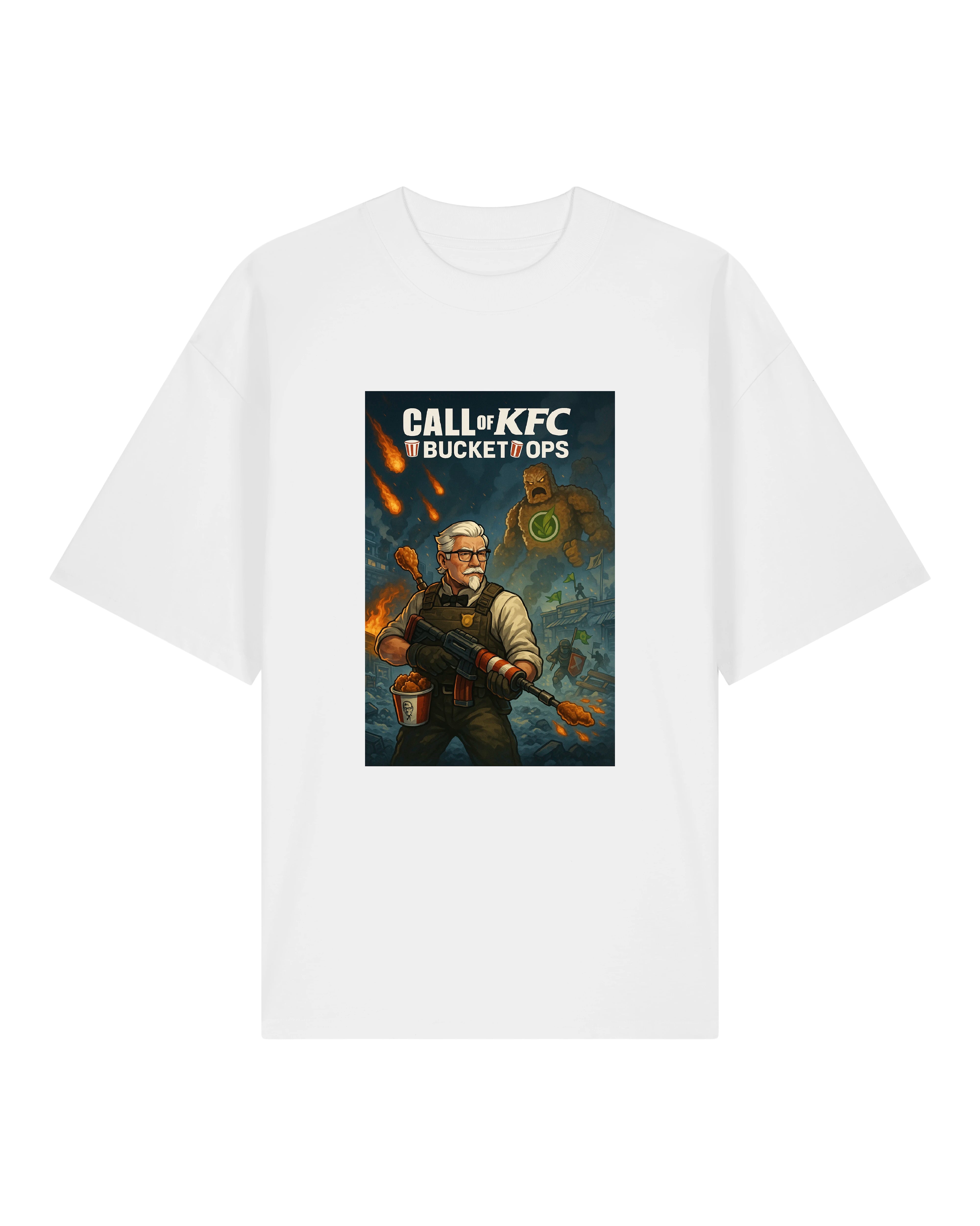 Weißes T-Shirt mit satirischem Print: frittierte Missionen und explosionsreiche Szene, inspiriert von Gaming-Covern.