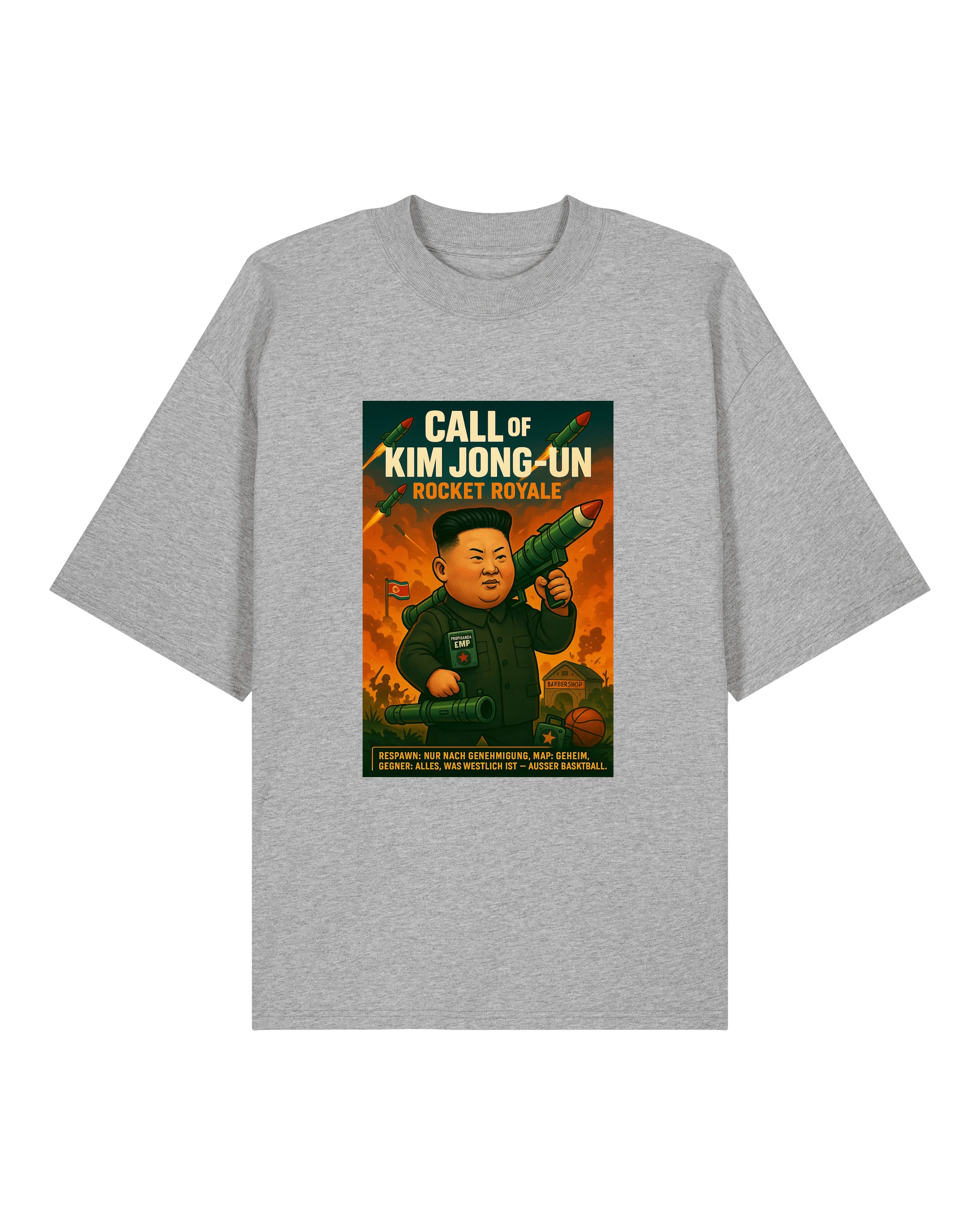 Graues Unisex Shirt mit politisch-humorvollem Kim Jong-Un Comicdesign