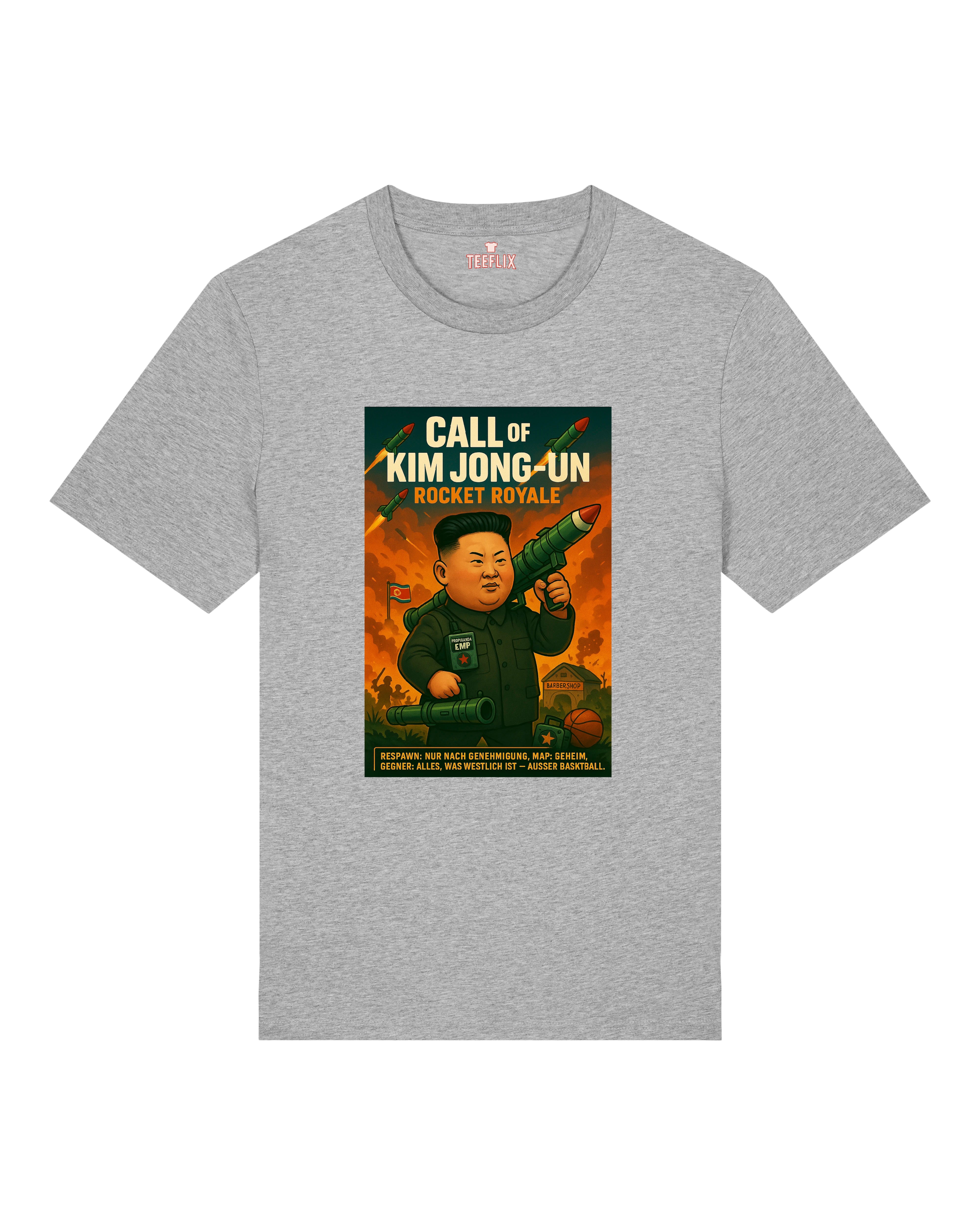 Graues Unisex Shirt mit politisch-humorvollem Kim Jong-Un Comicdesign