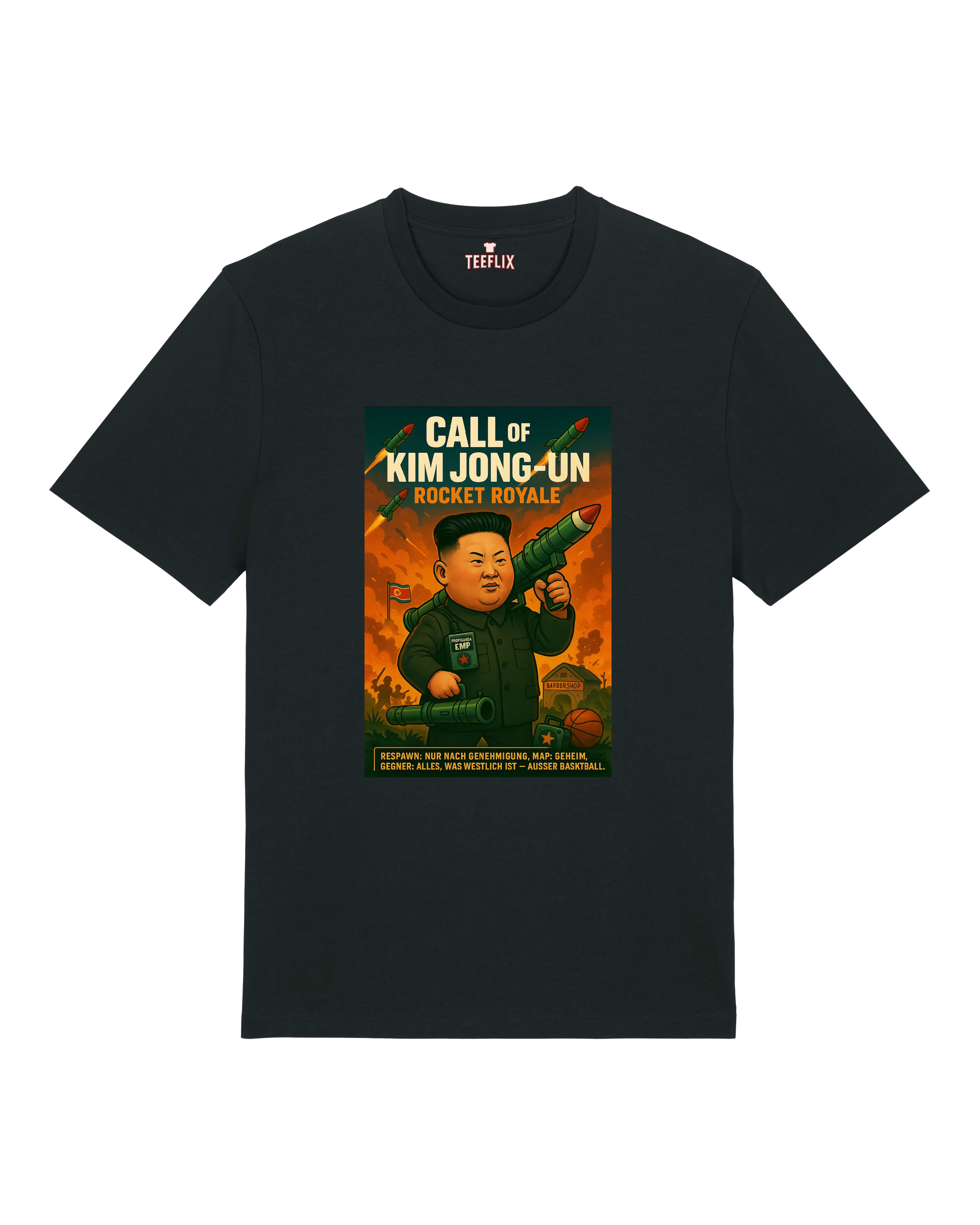 Schwarzes T-Shirt mit Kim Jong-Un Parodie und Raketenmotiv – "Call of Kim Jong-Un – Rocket Royale"