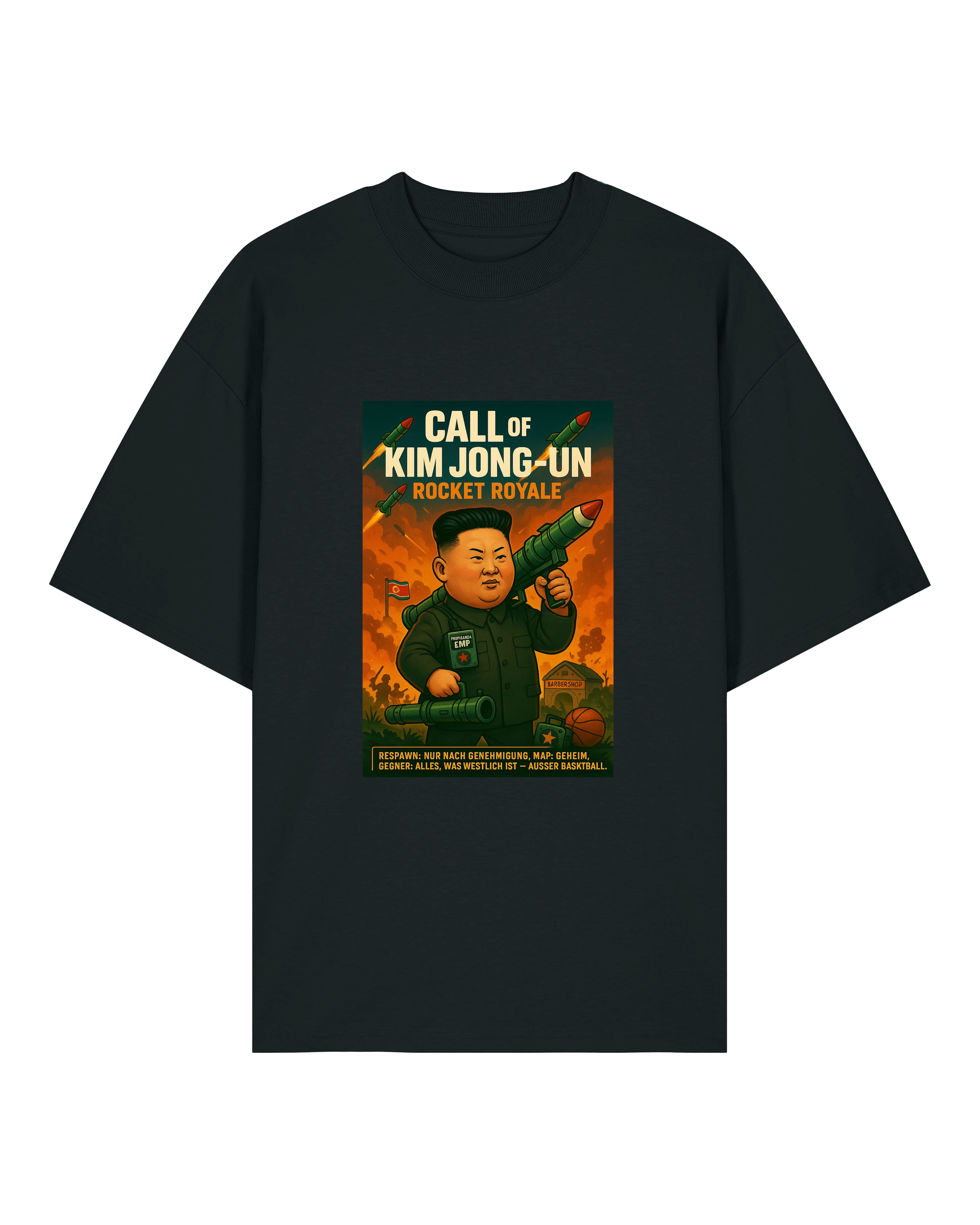 Schwarzes T-Shirt mit Kim Jong-Un Parodie und Raketenmotiv – "Call of Kim Jong-Un – Rocket Royale"