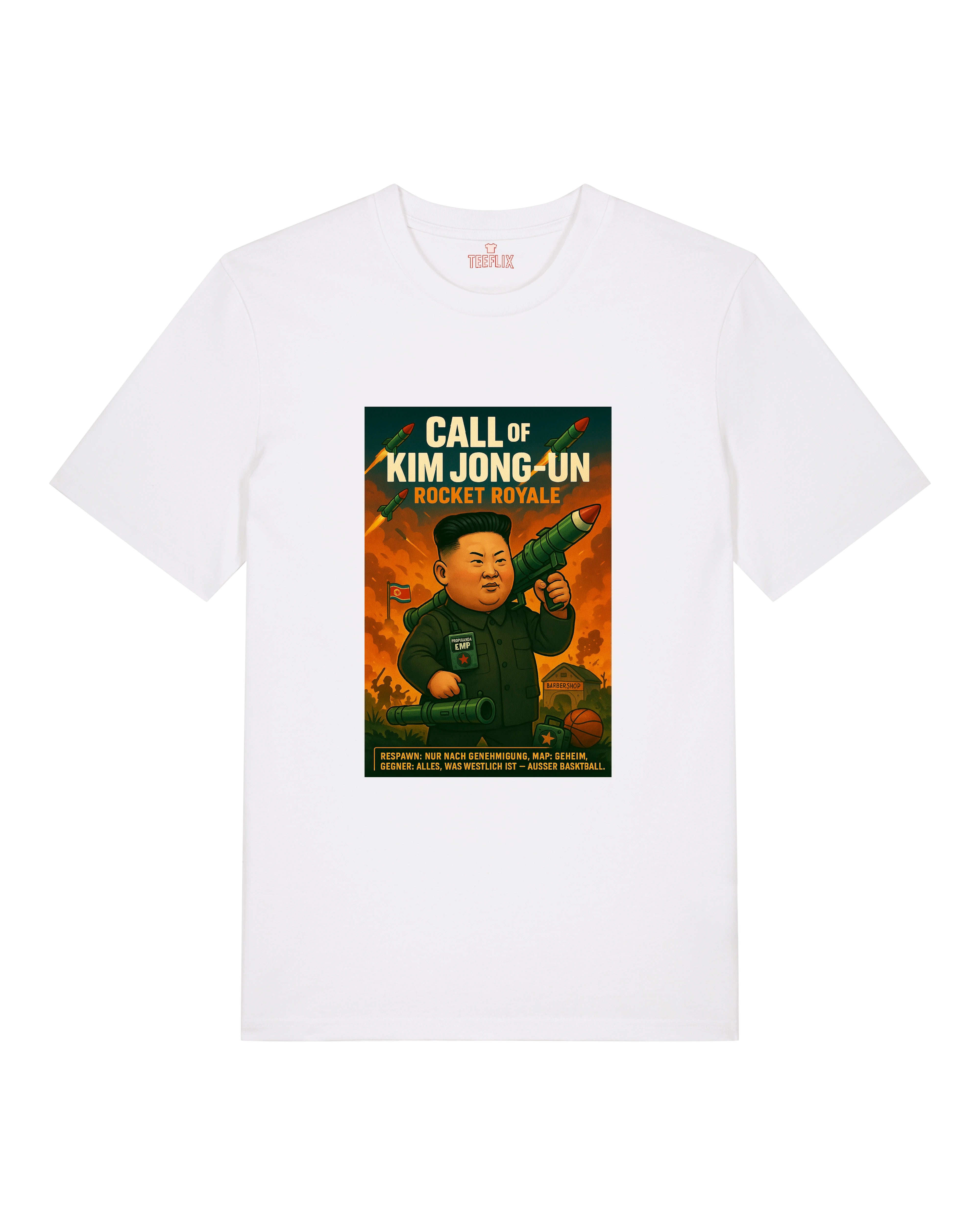 Weißes Oversized Shirt mit satirischem Kim Jong-Un Motiv und Feuerhintergrund