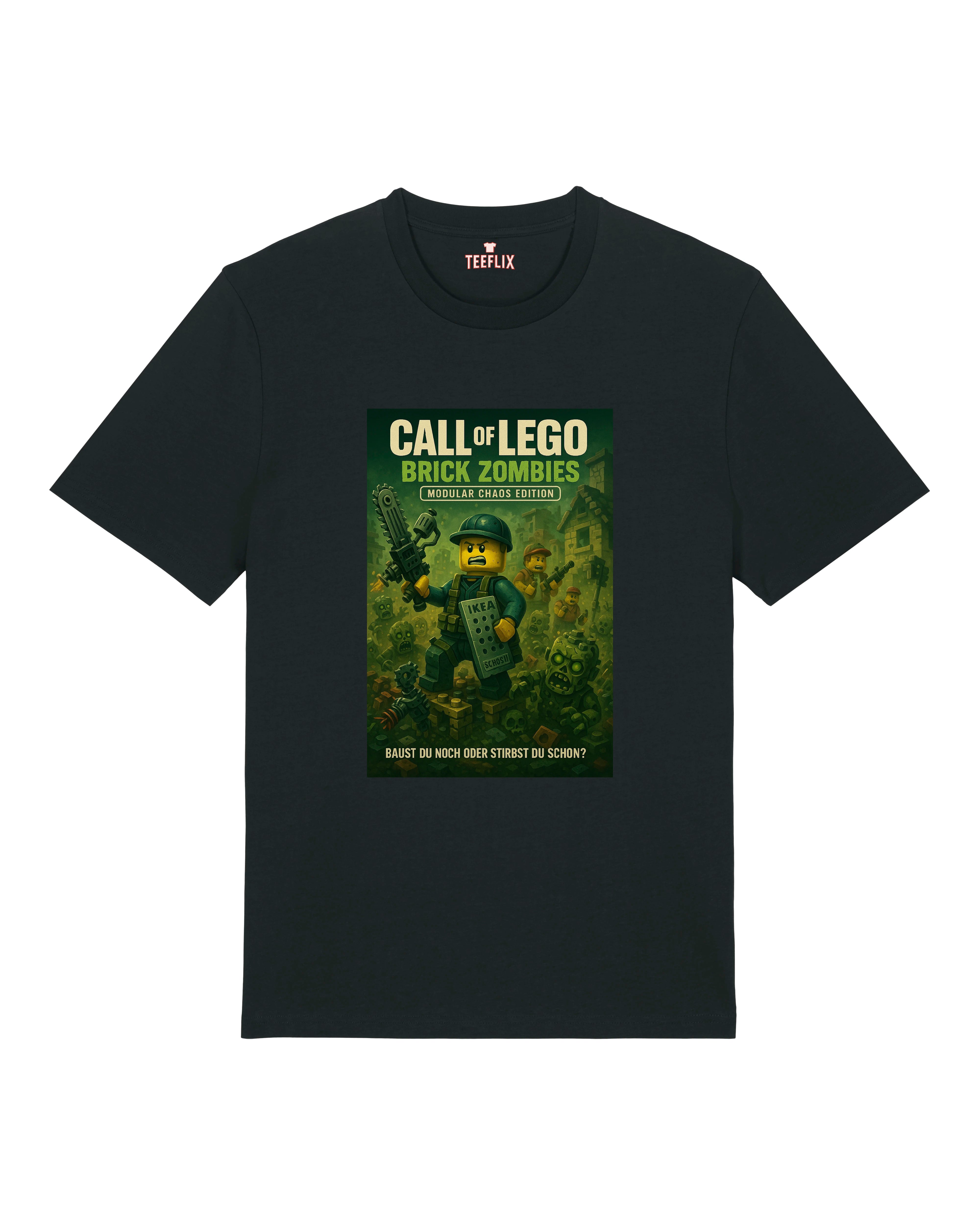 Schwarzes T-Shirt mit „Call of LEGO – Brick Zombies“-Print, LEGO-Figur kämpft gegen Zombiehorde