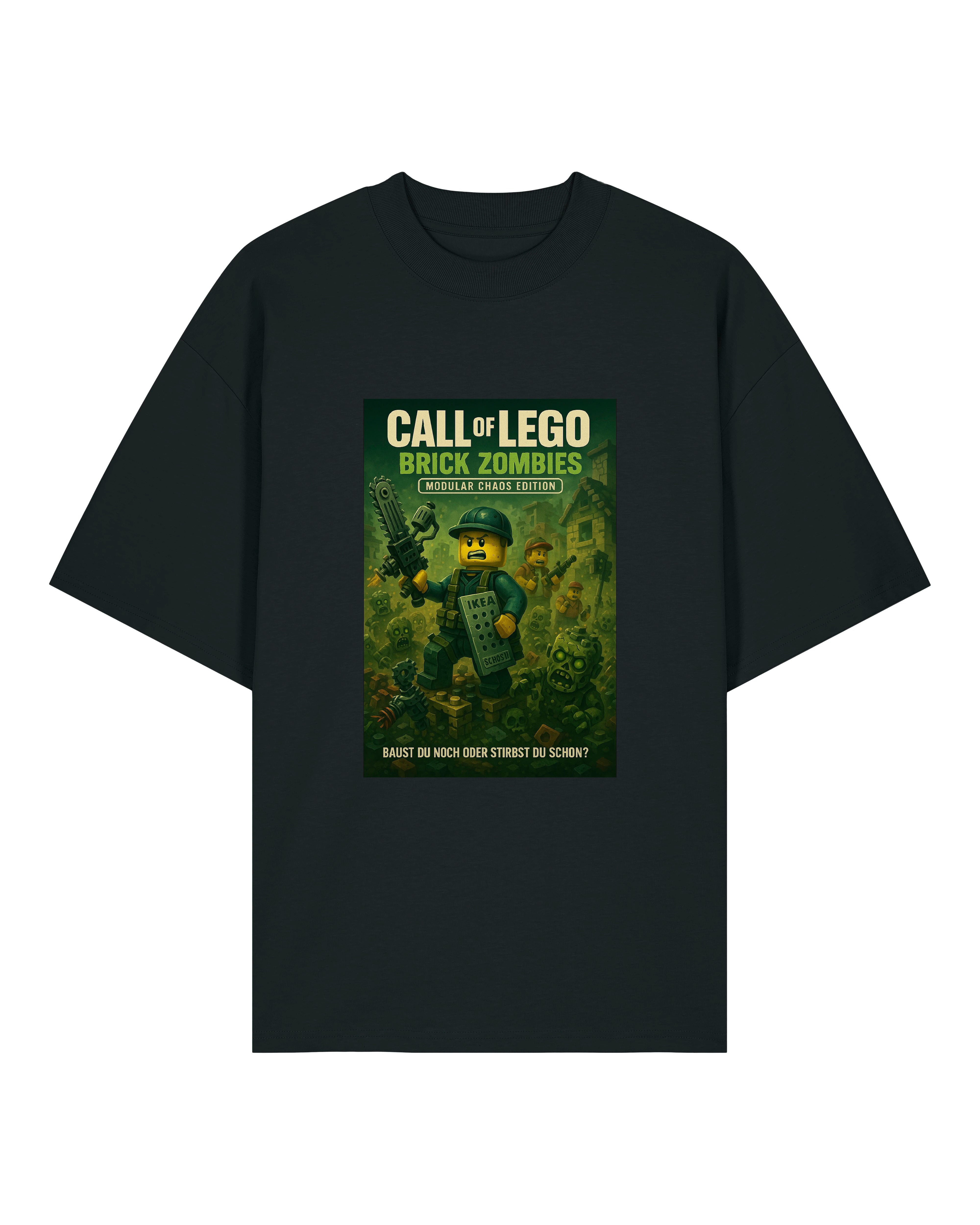 Schwarzes T-Shirt mit „Call of LEGO – Brick Zombies“-Print, LEGO-Figur kämpft gegen Zombiehorde