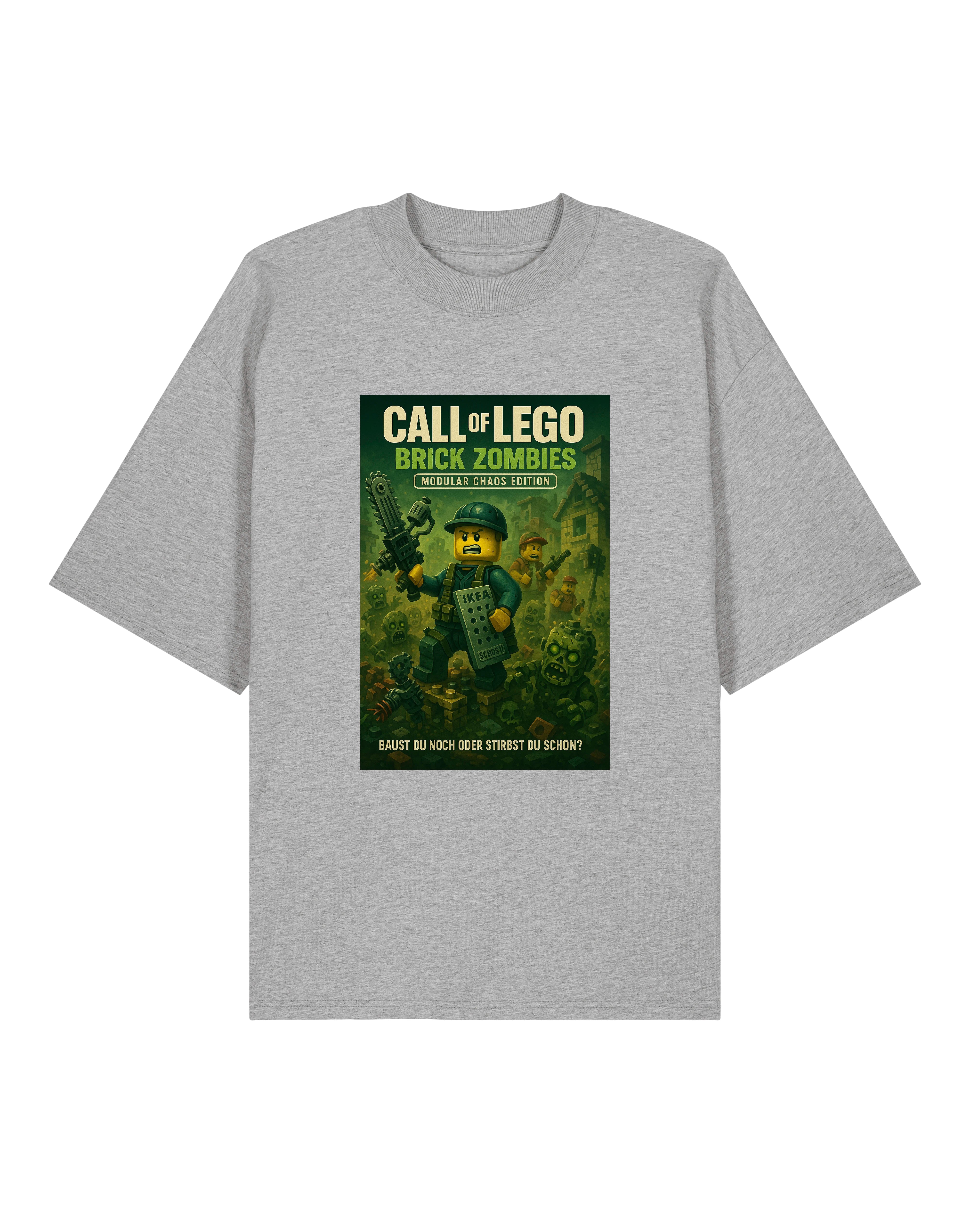 Graues T-Shirt mit „Call of LEGO“ Artwork, Zombieapokalypse im Baustein-Stil