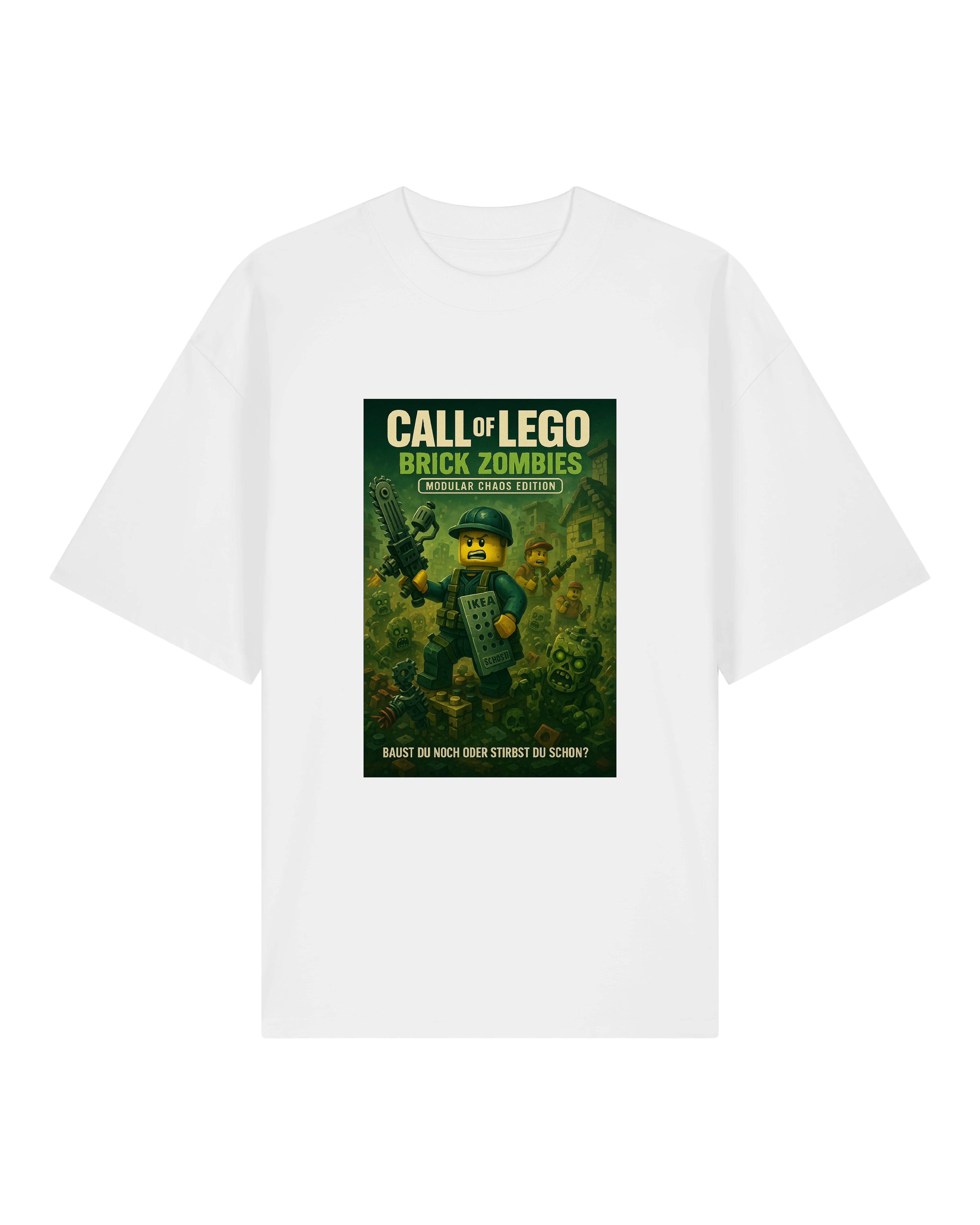 Weißes T-Shirt mit witzigem LEGO-Zombie-Motiv, ideal für Gamer und Baustein-Fans