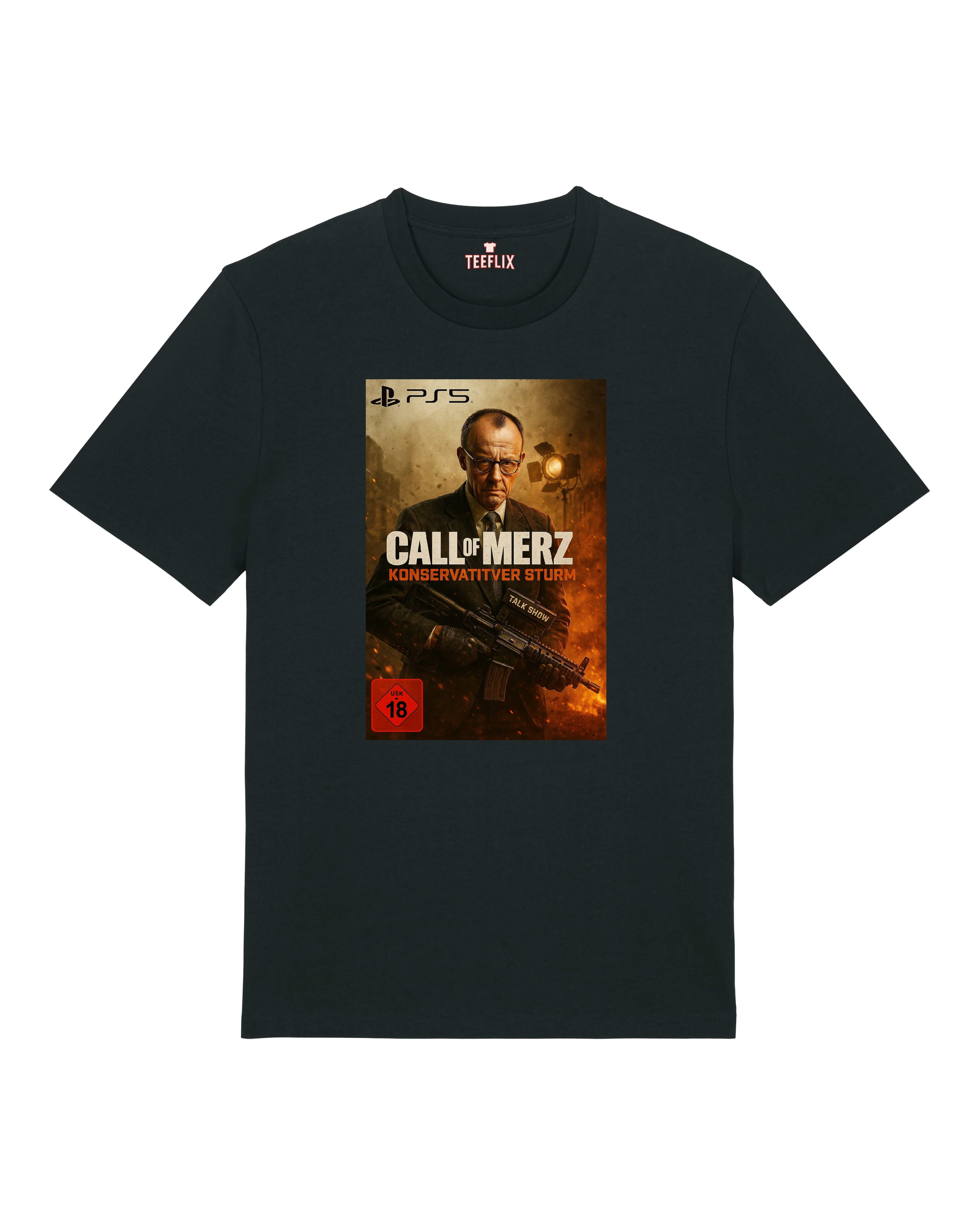 Satire T-Shirt mit Friedrich Merz Design auf schwarzem Hintergrund