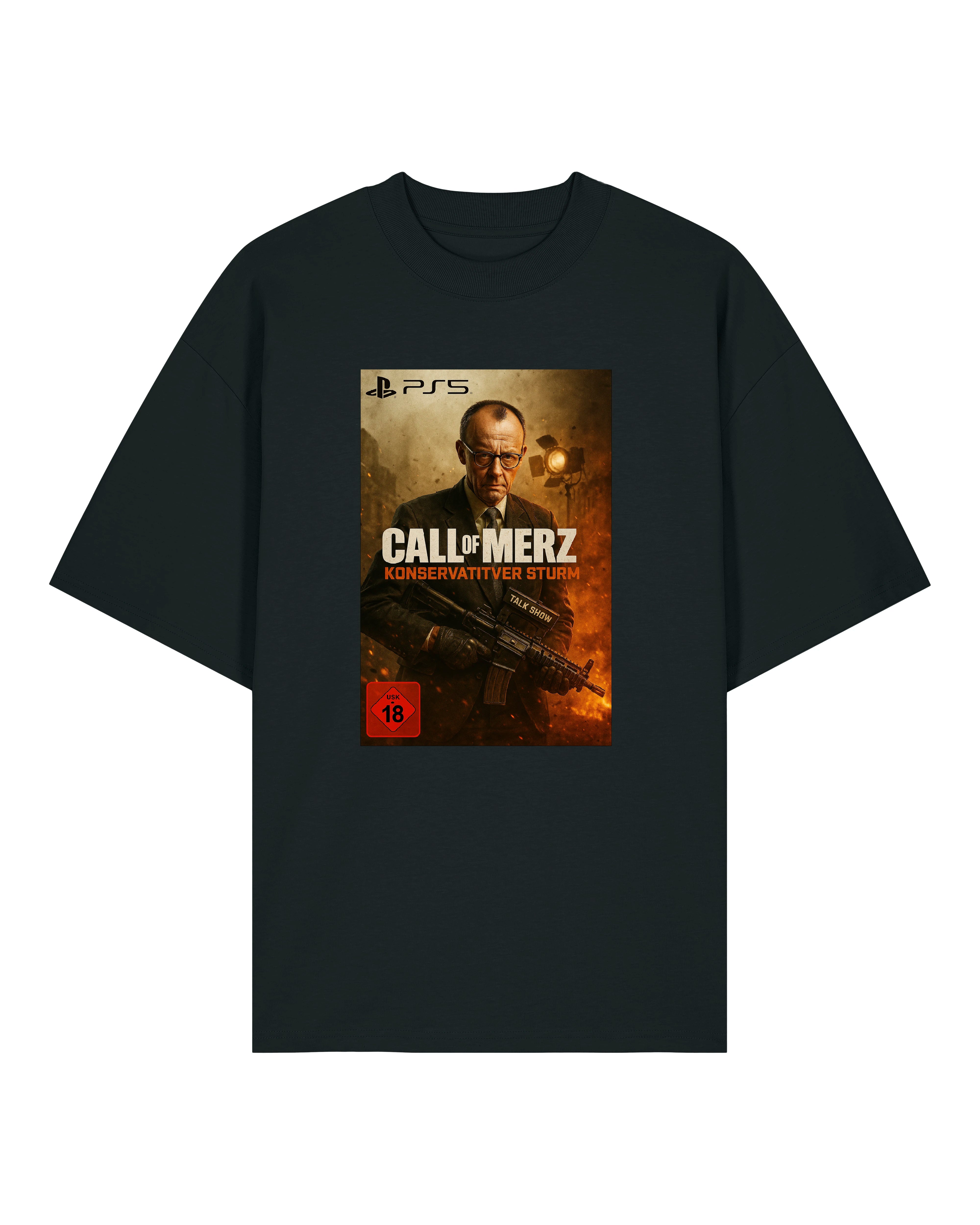 Satire T-Shirt mit Friedrich Merz Design auf schwarzem Hintergrund