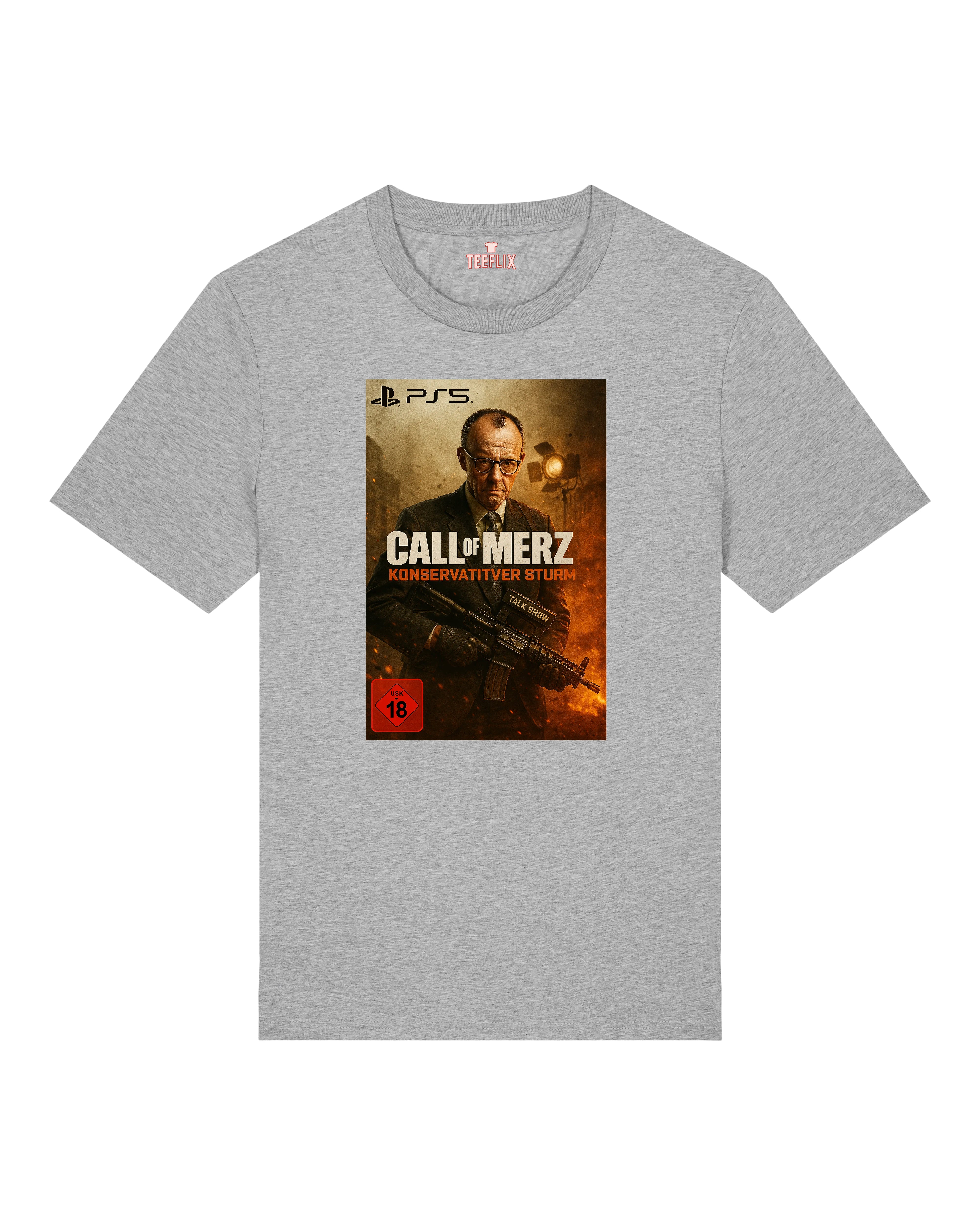 Satire T-Shirt mit Friedrich Merz Design auf grauem Hintergrund