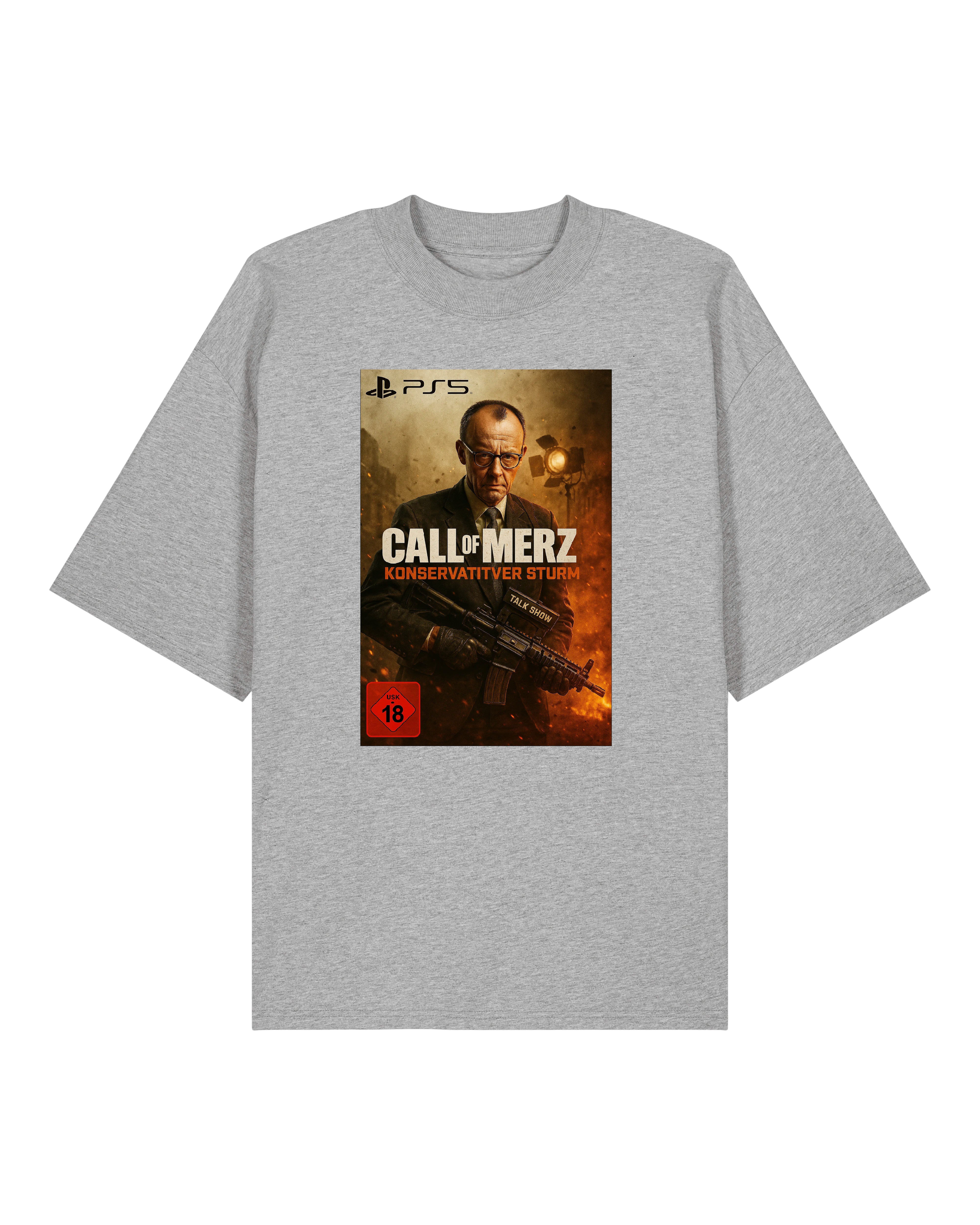 Satire T-Shirt mit Friedrich Merz Design auf grauem Hintergrund