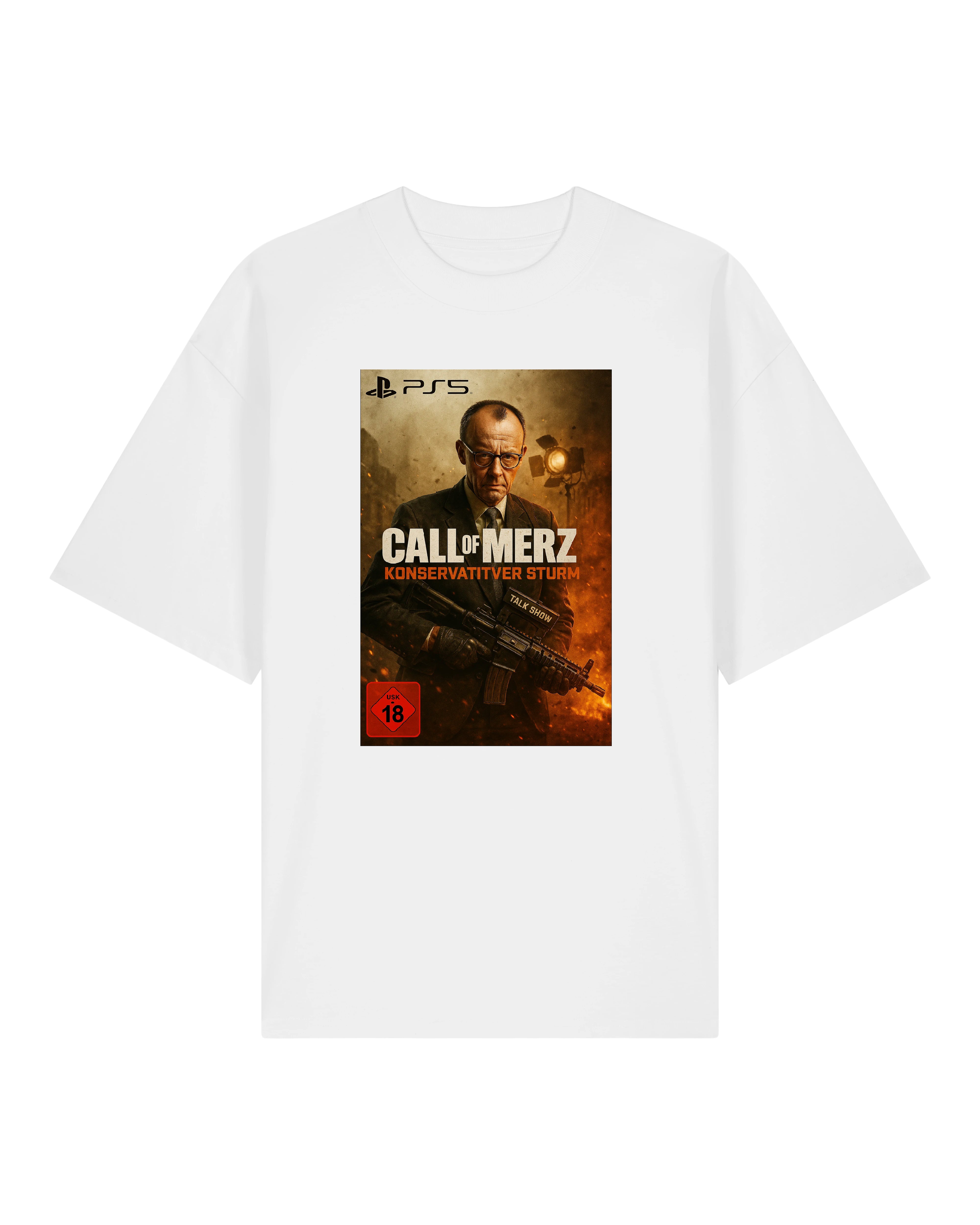 Satire T-Shirt mit Friedrich Merz Design auf weißem Hintergrund