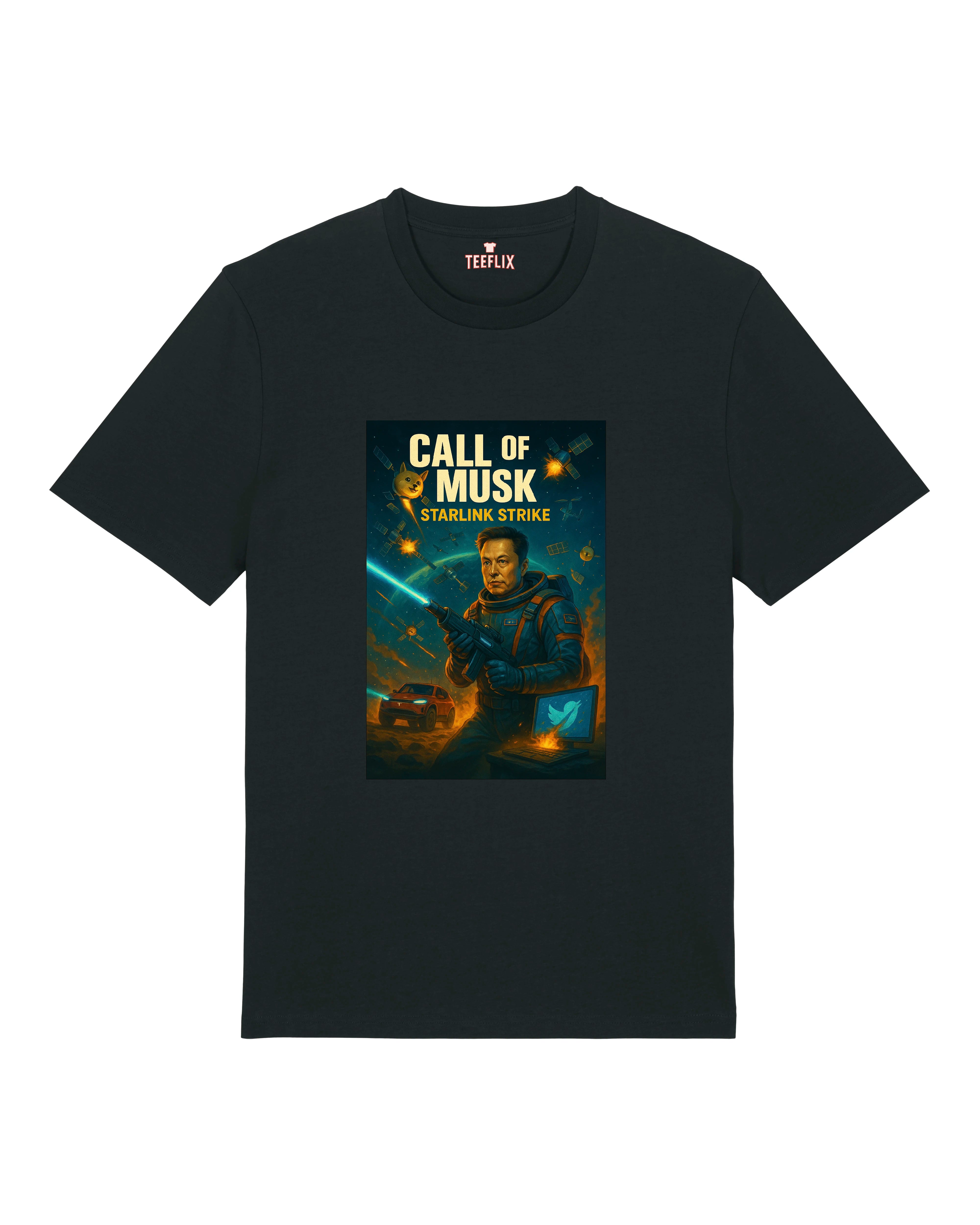 Schwarzes T-Shirt mit Elon Musk als Sci-Fi-Commander im "Starlink Strike"-Design
