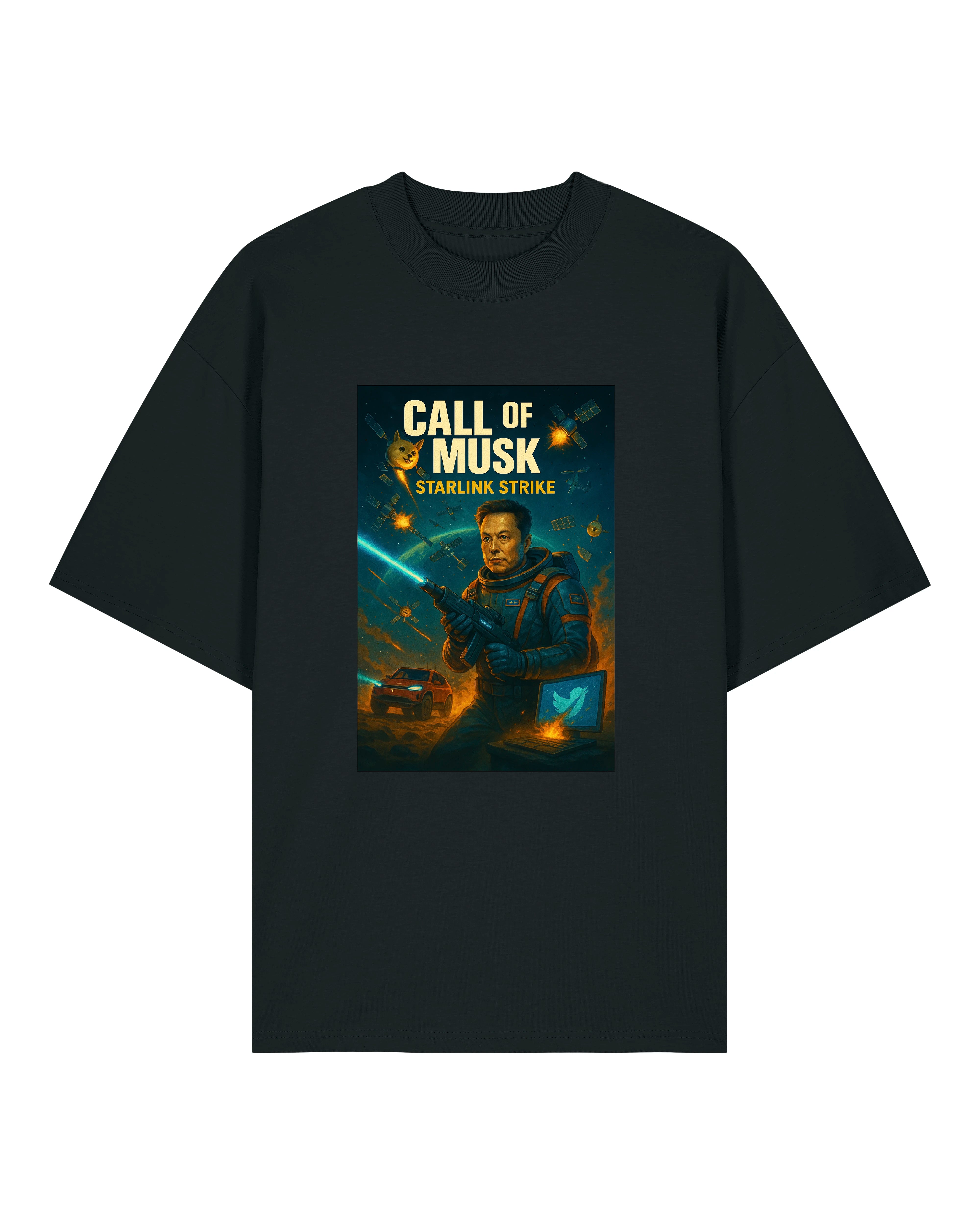 Schwarzes T-Shirt mit Elon Musk als Sci-Fi-Commander im "Starlink Strike"-Design