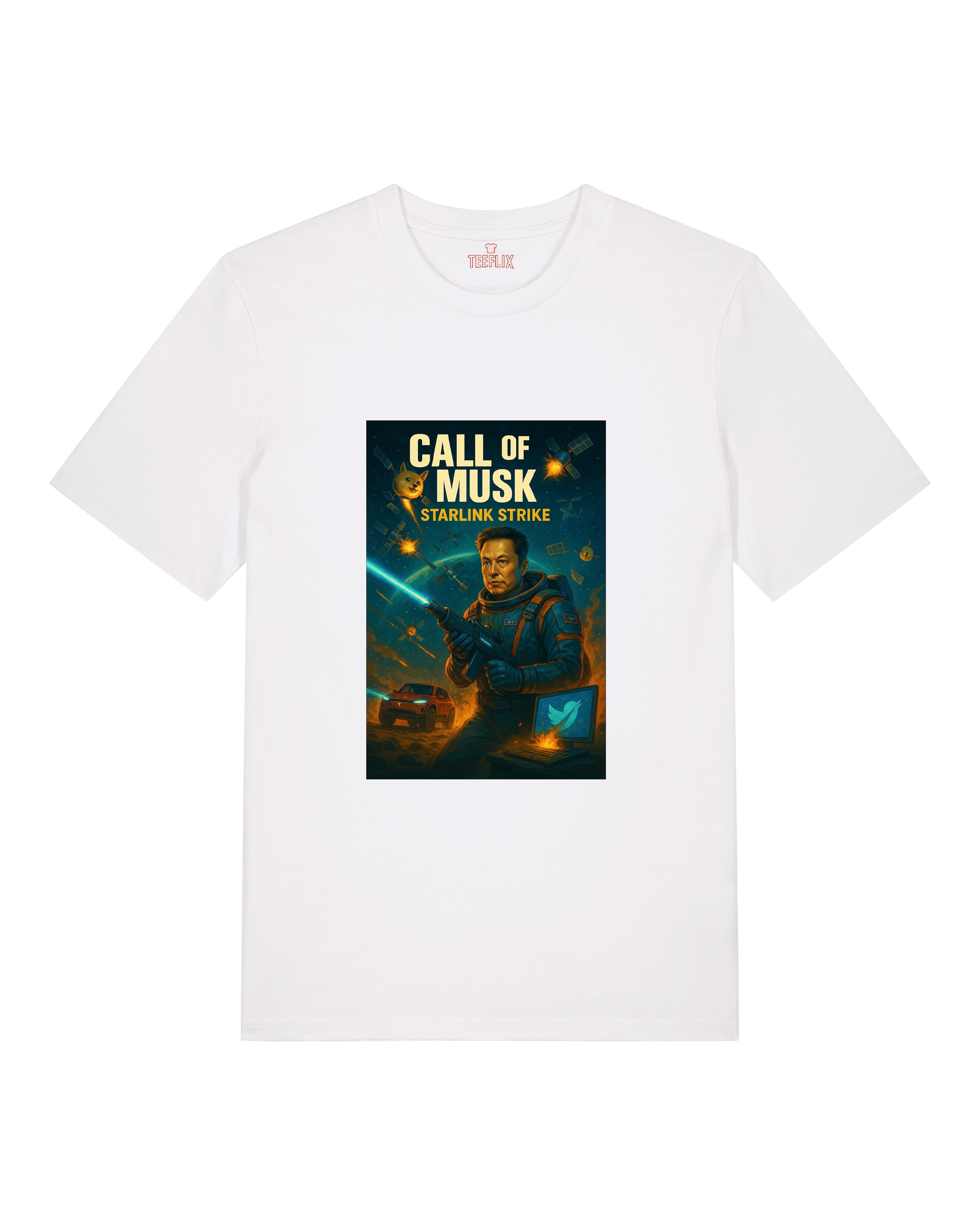 Weißes T-Shirt mit Elon Musk Illustration in Space-Mission-Optik