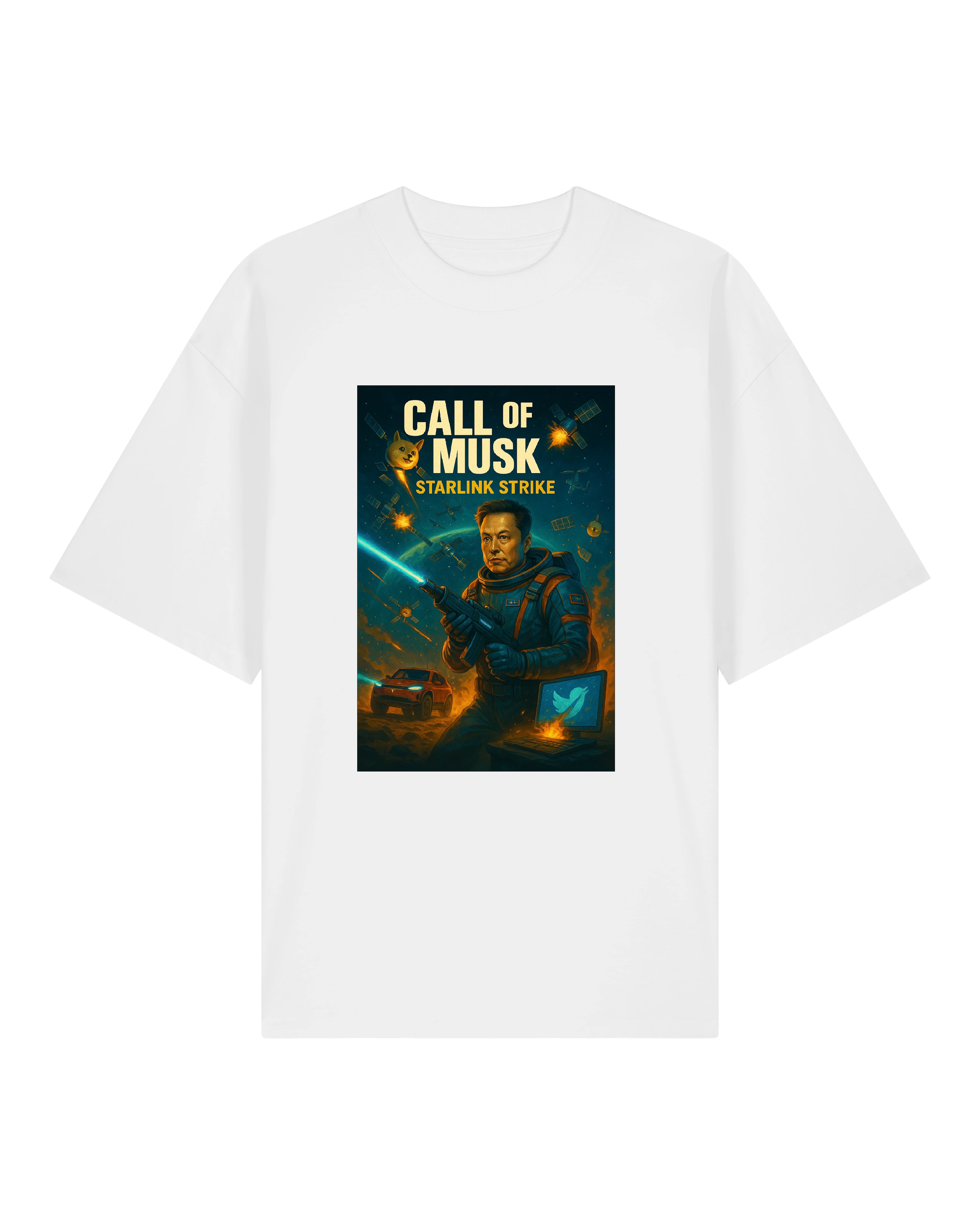 Weißes T-Shirt mit Elon Musk Illustration in Space-Mission-Optik