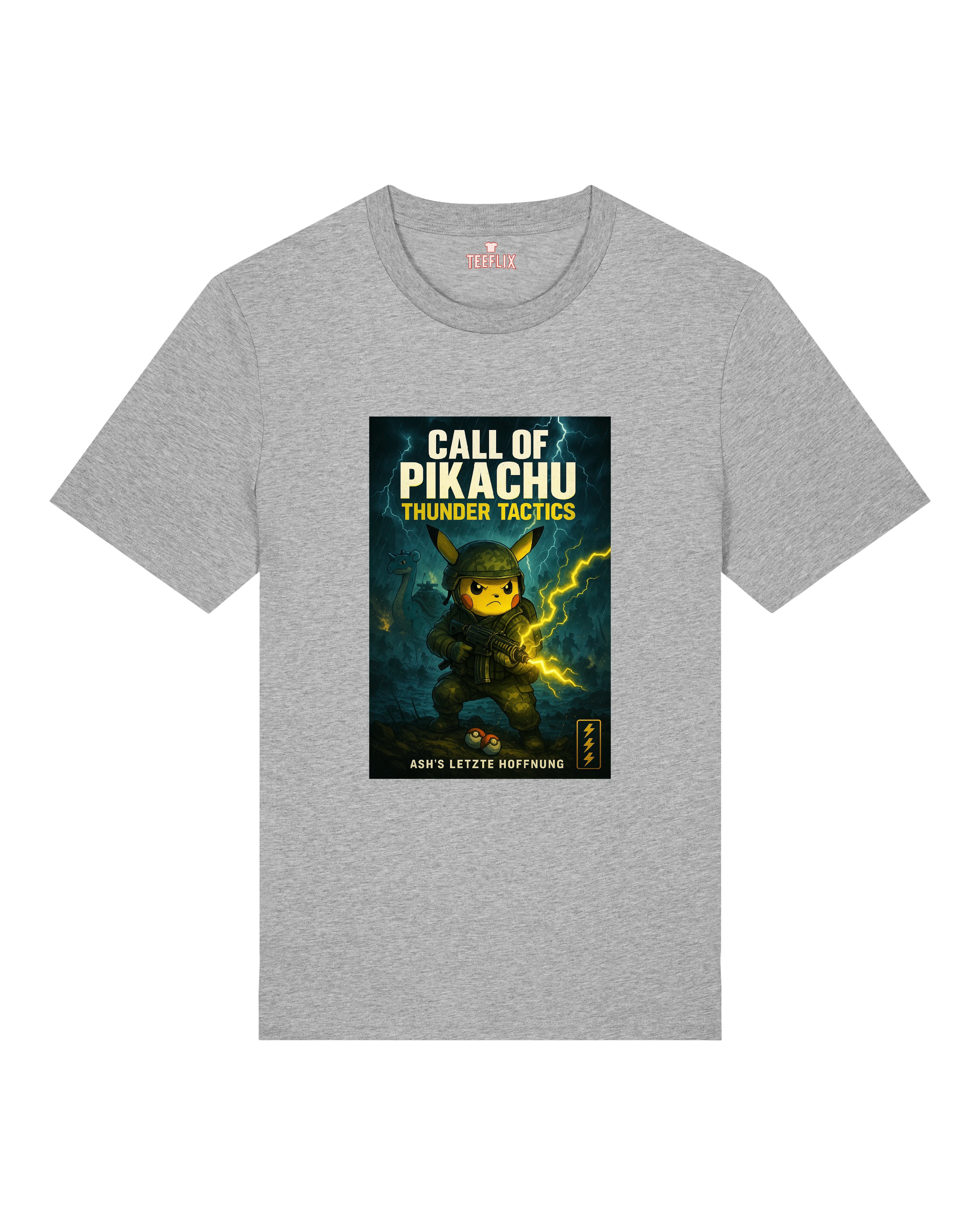 Graues Shirt mit Cartoon-Motiv: Pikachu in Militäruniform mit leuchtenden Blitzen und düsterem Hintergrund.