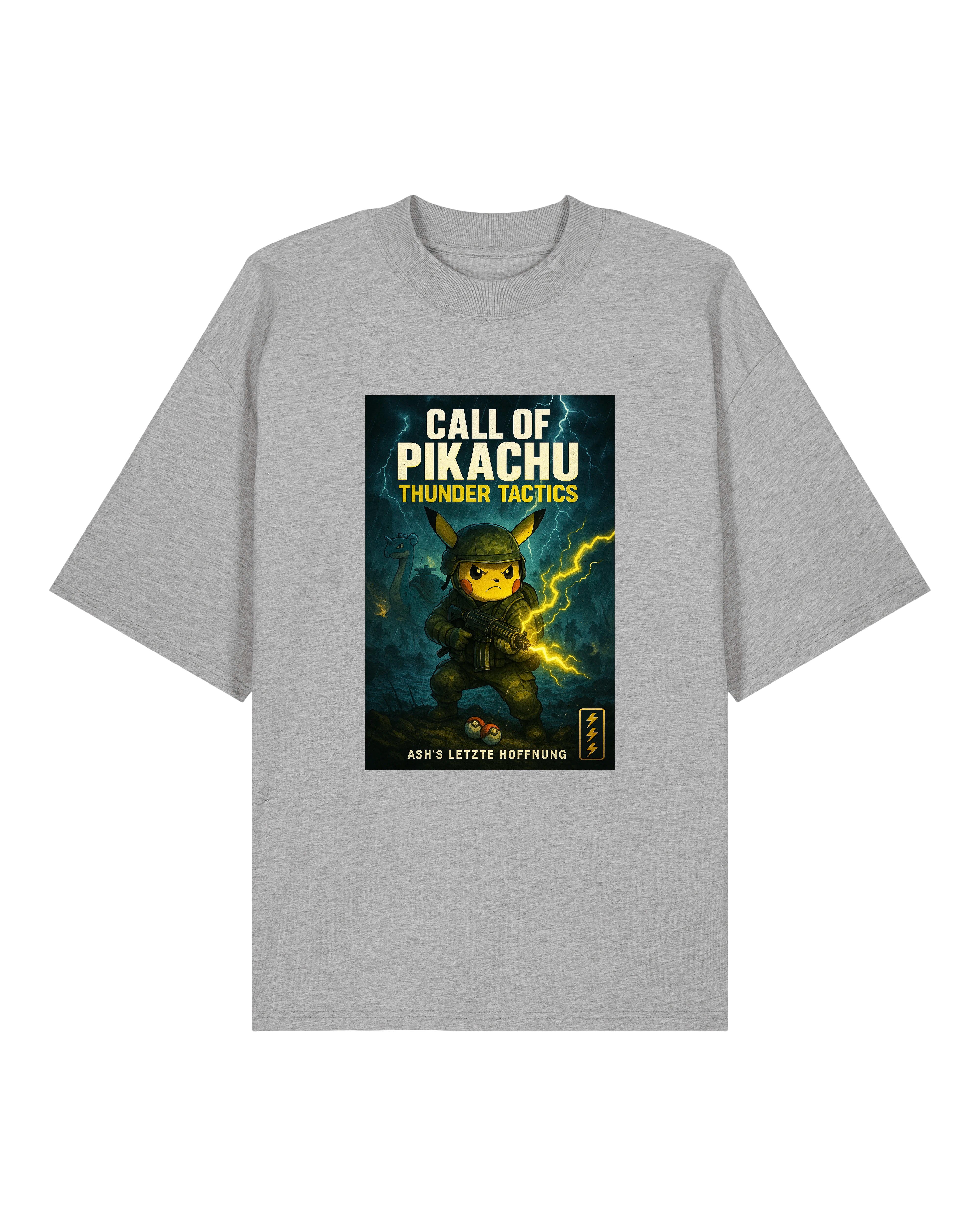 Graues Shirt mit Cartoon-Motiv: Pikachu in Militäruniform mit leuchtenden Blitzen und düsterem Hintergrund.