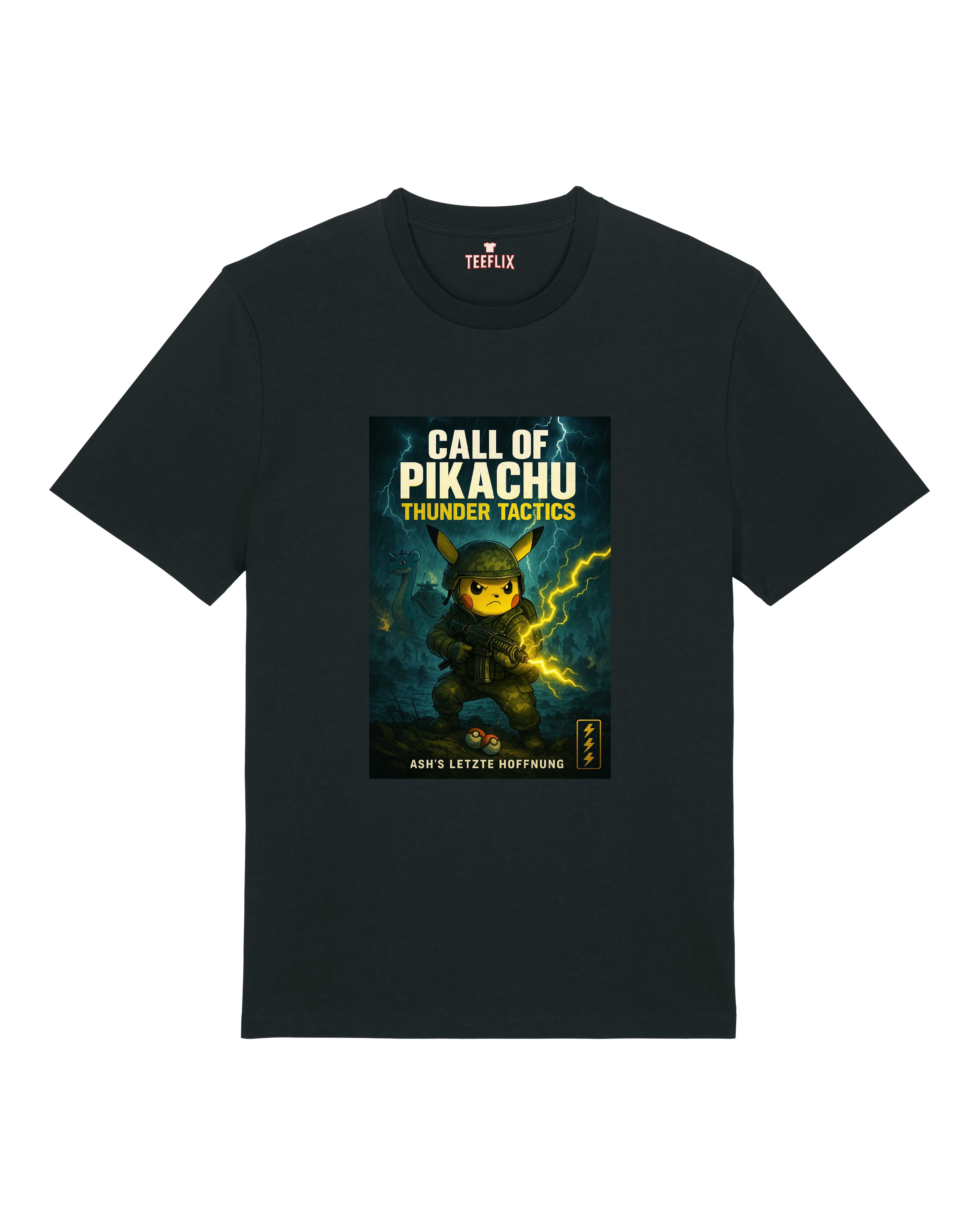 Schwarzes T-Shirt mit „Call of Pikachu – Thunder Tactics“-Design, zeigt Pikachu als Soldat mit Blitzwaffe im Einsatz.