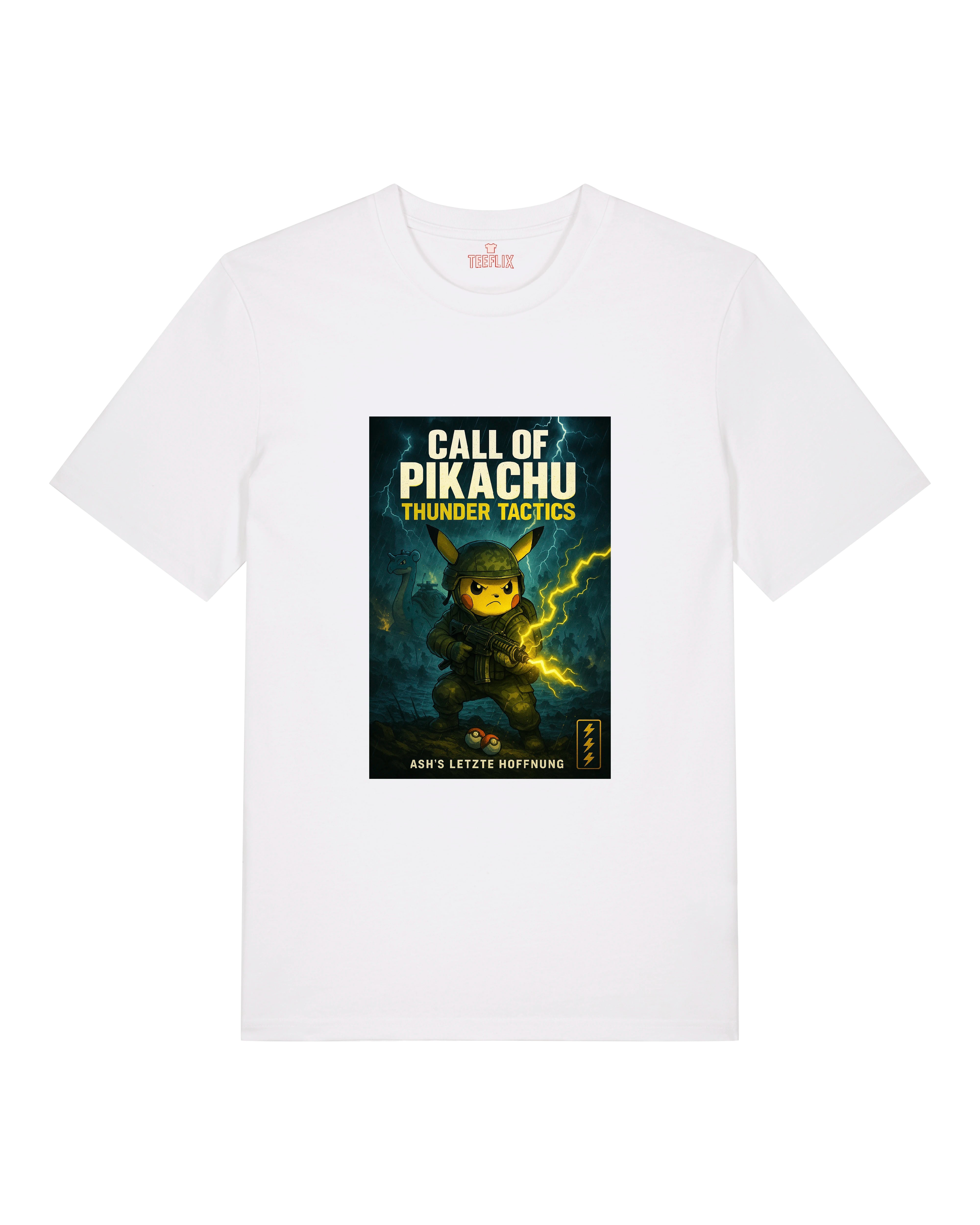 Weißes T-Shirt mit humorvollem Anime-Actionprint im Stil eines Videospielcovers.