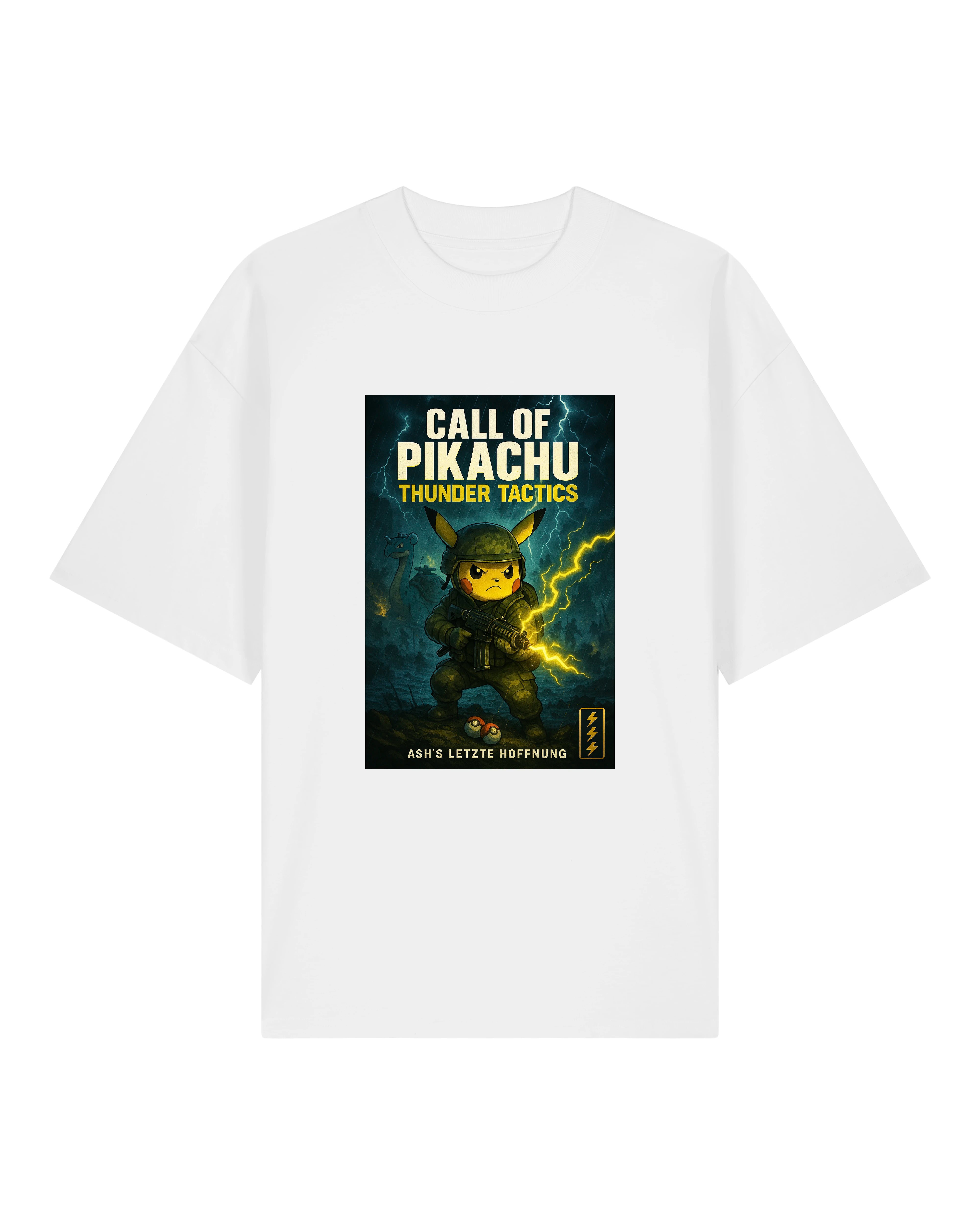 Weißes T-Shirt mit humorvollem Anime-Actionprint im Stil eines Videospielcovers.