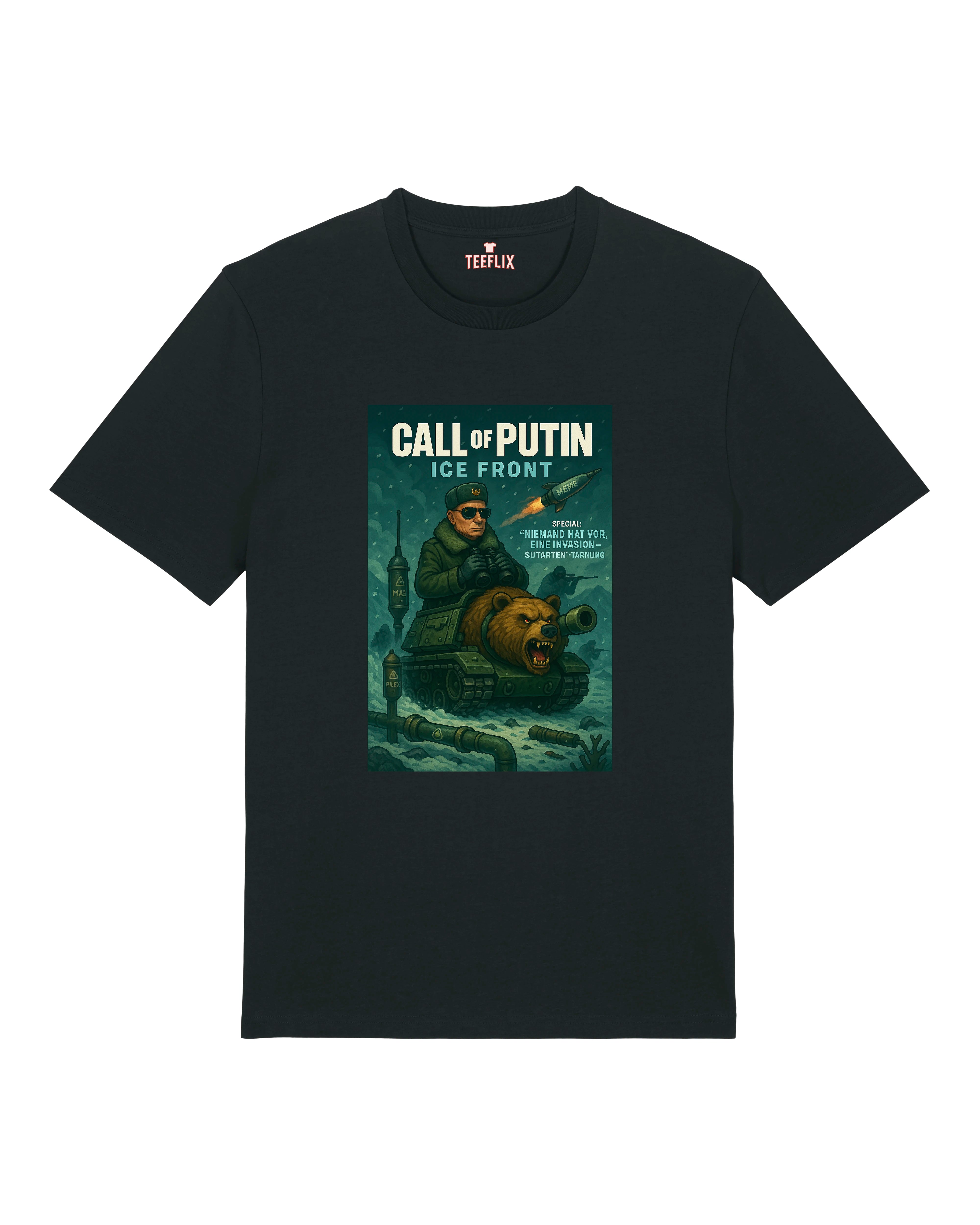 Schwarzes T-Shirt mit satirischem Putin-Motiv auf einem Bärenpanzer, inspiriert von Videospiel-Ästhetik.