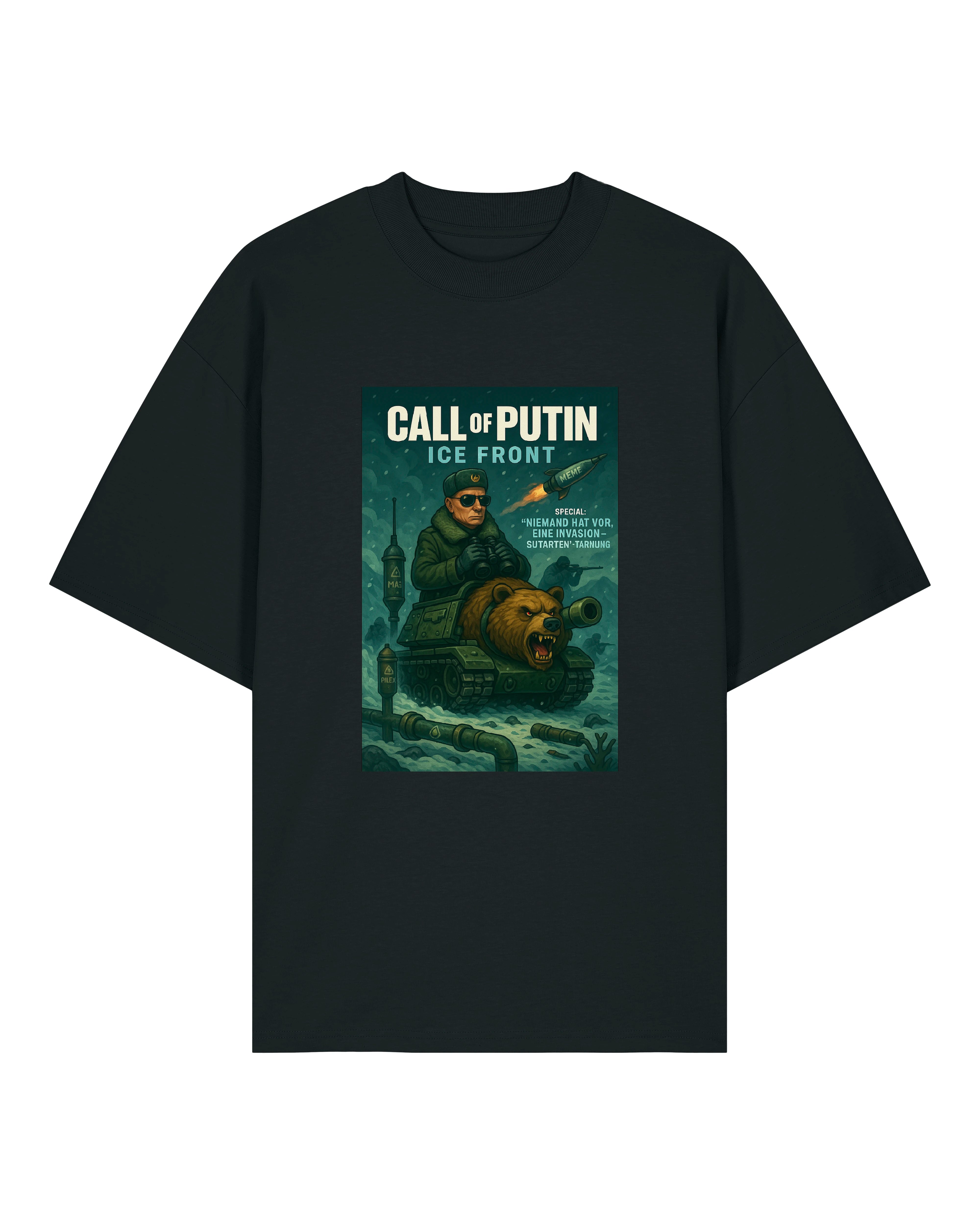Schwarzes T-Shirt mit satirischem Putin-Motiv auf einem Bärenpanzer, inspiriert von Videospiel-Ästhetik.
