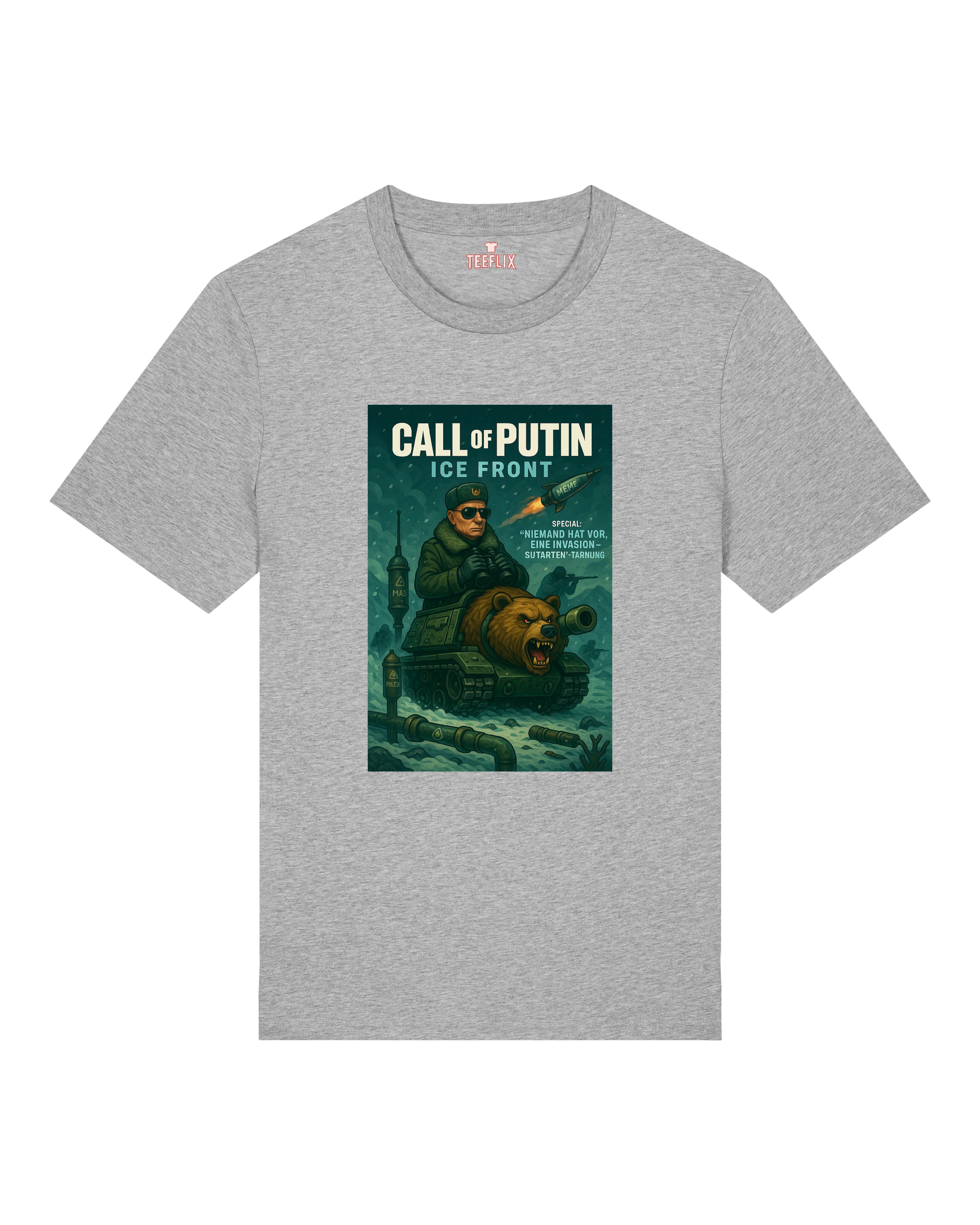 Graues Shirt mit frostigem Kampfmotiv und politischer Anspielung – Putin im Winterkrieg-Stil.