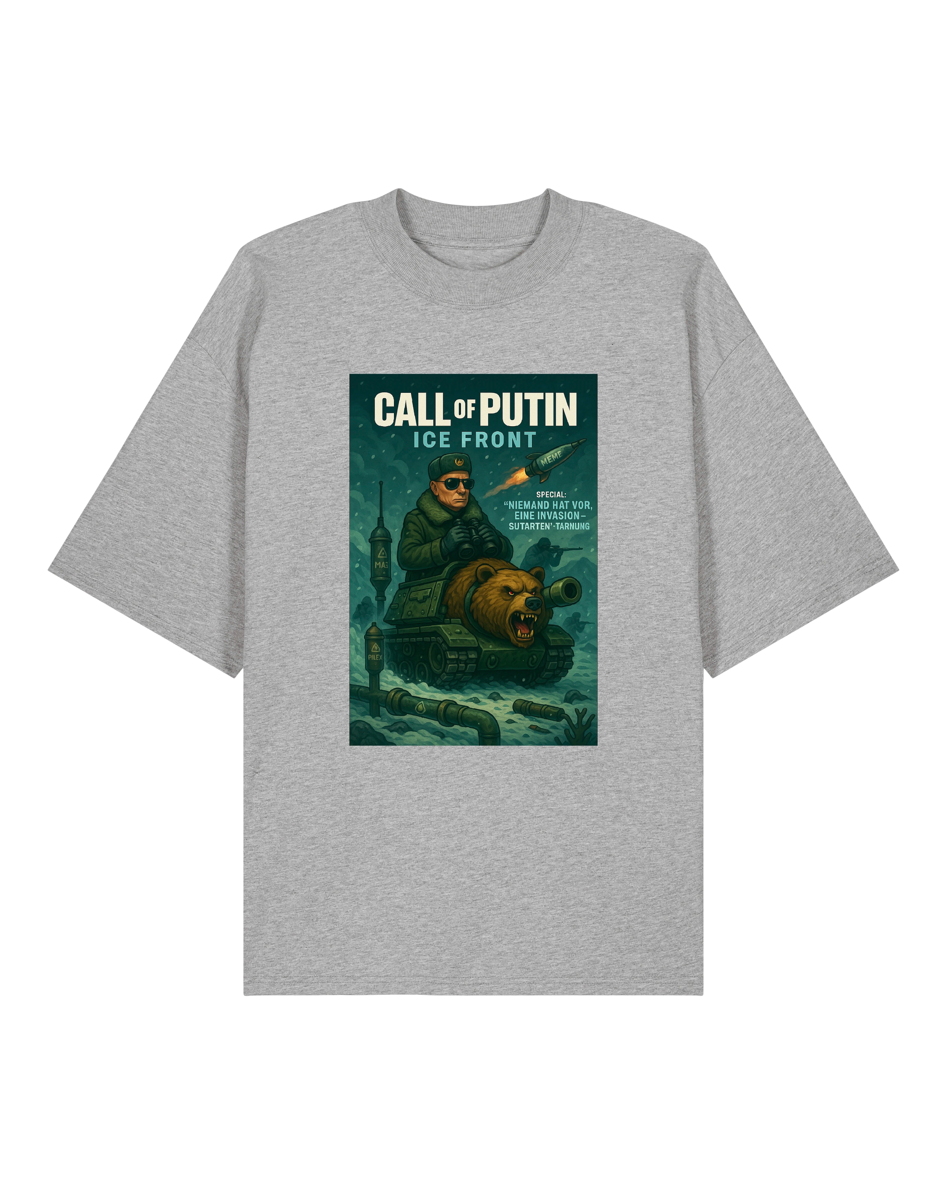 Graues Shirt mit frostigem Kampfmotiv und politischer Anspielung – Putin im Winterkrieg-Stil.